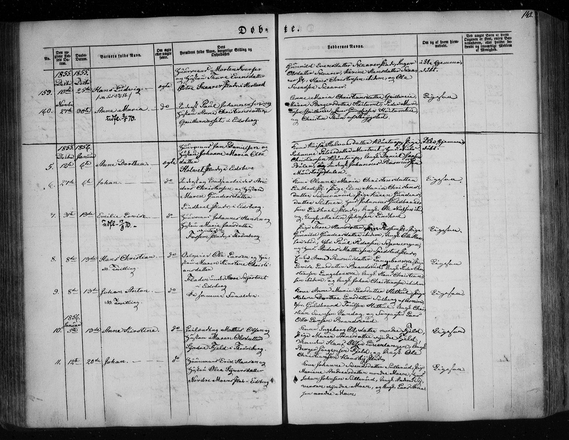 Eidsberg prestekontor Kirkebøker, AV/SAO-A-10905/F/Fa/L0009: Parish register (official) no. I 9, 1849-1856, p. 142