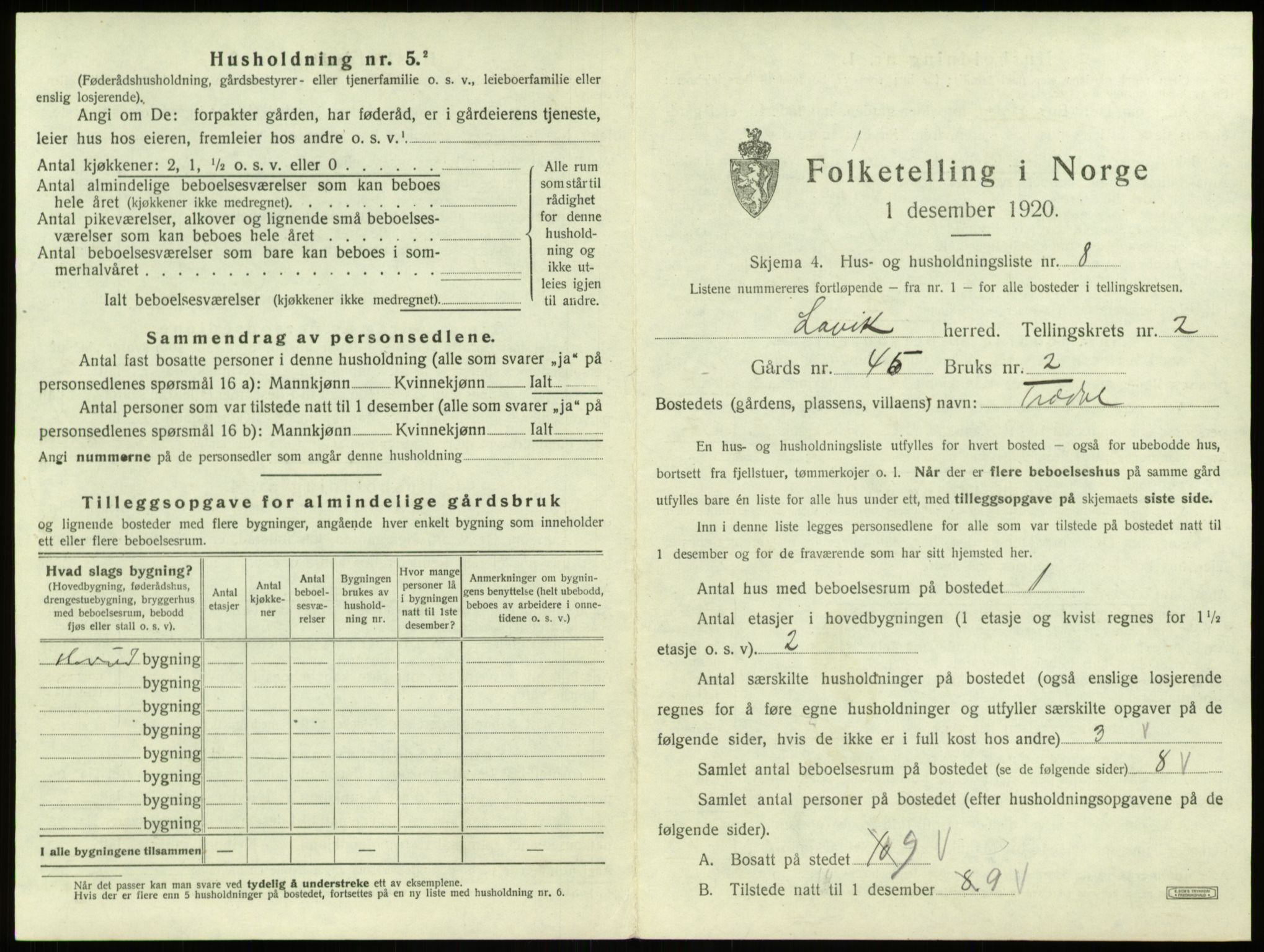 SAB, 1920 census for Lavik, 1920, p. 64