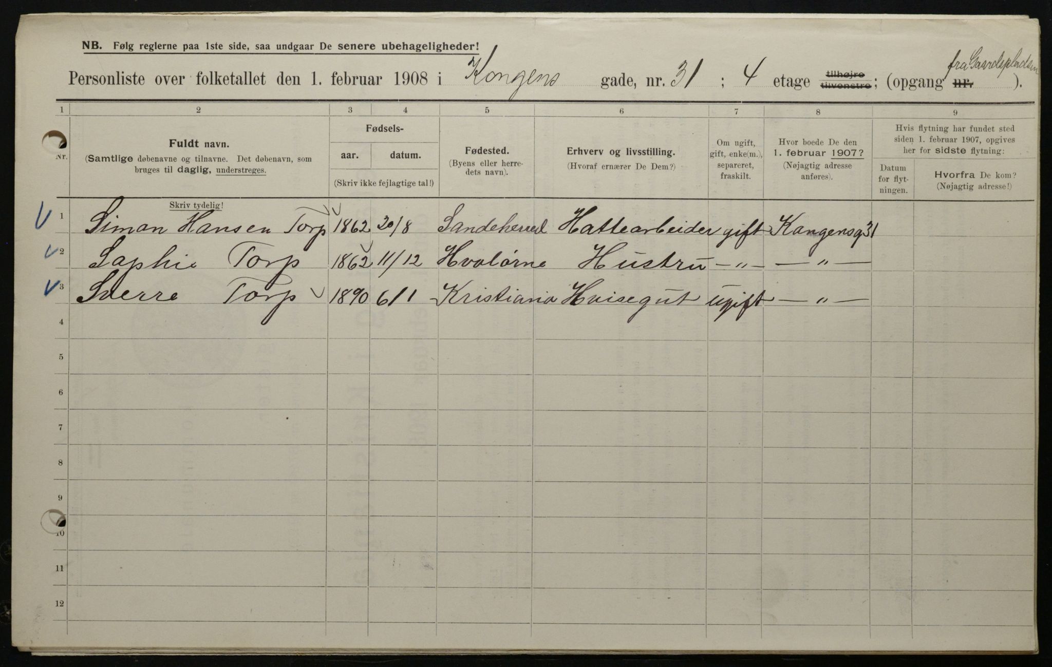 OBA, Municipal Census 1908 for Kristiania, 1908, p. 47115