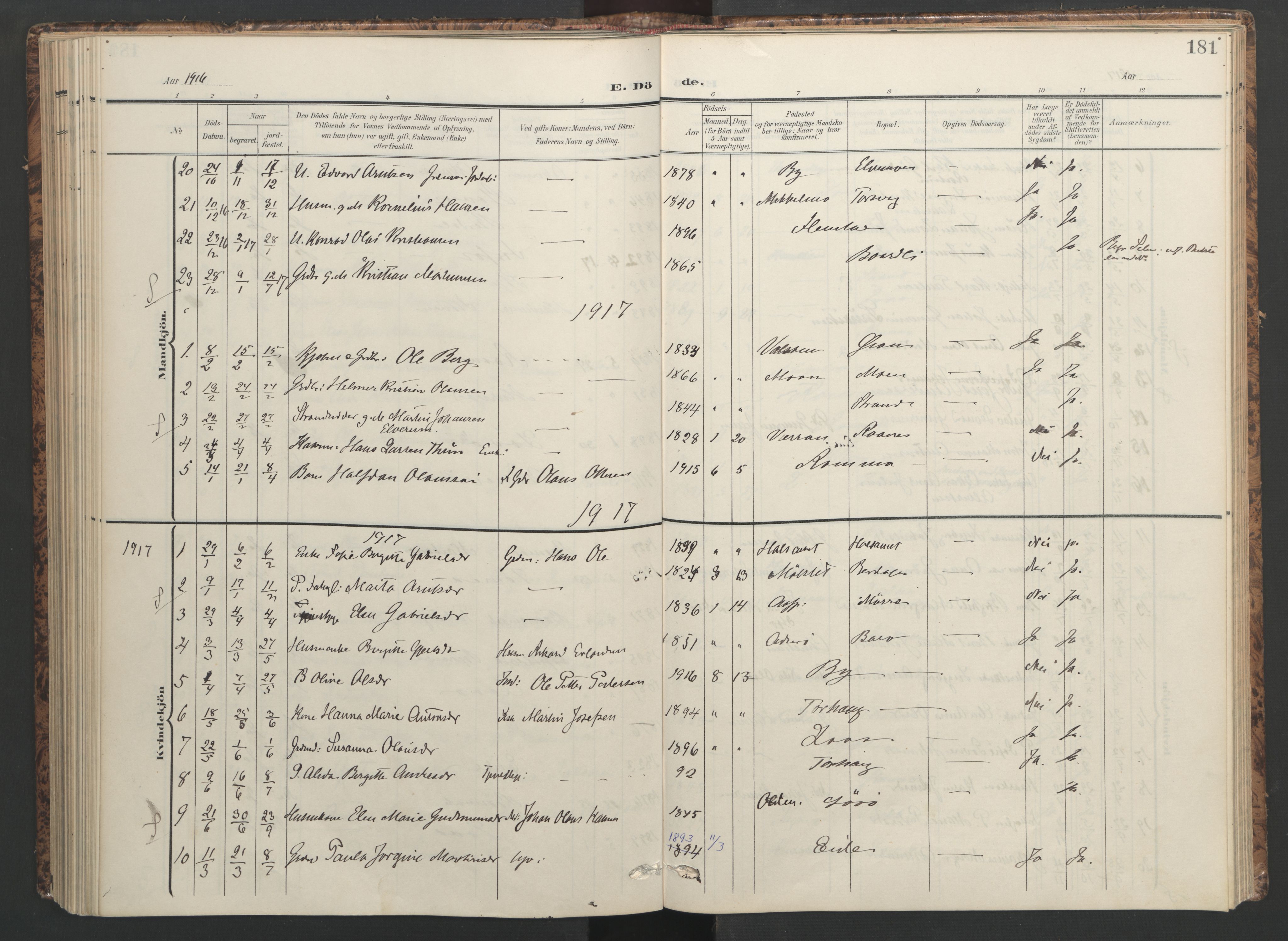 Ministerialprotokoller, klokkerbøker og fødselsregistre - Sør-Trøndelag, SAT/A-1456/655/L0682: Parish register (official) no. 655A11, 1908-1922, p. 181