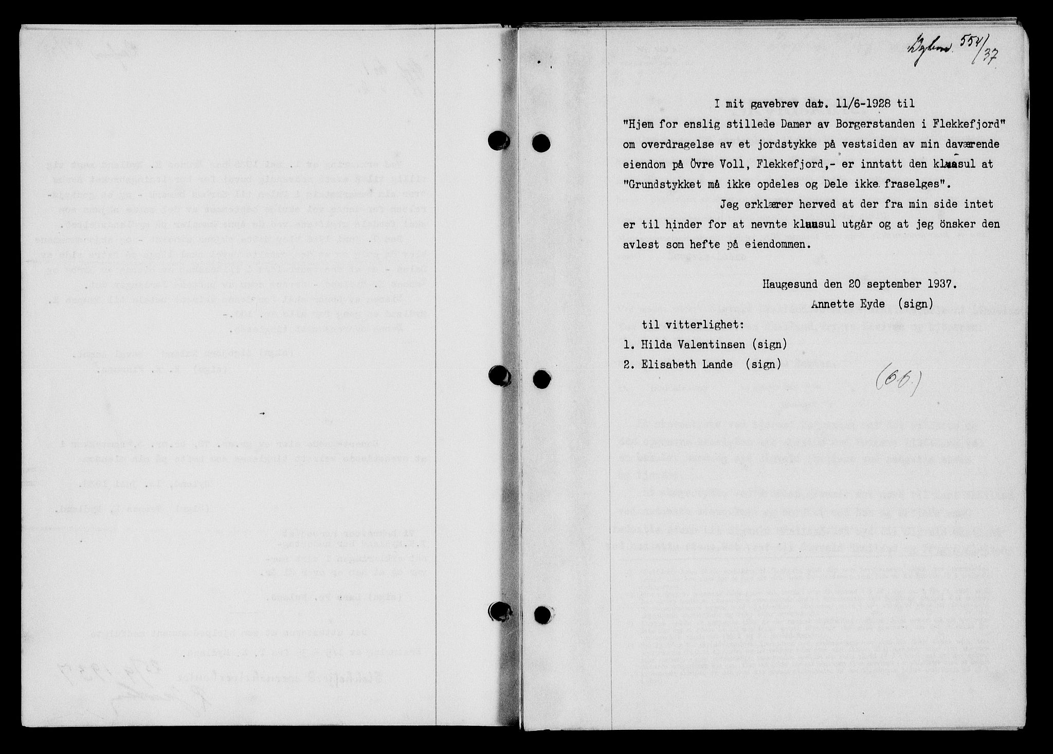 Flekkefjord sorenskriveri, AV/SAK-1221-0001/G/Gb/Gba/L0054: Mortgage book no. A-2, 1937-1938, Diary no: : 554/1937