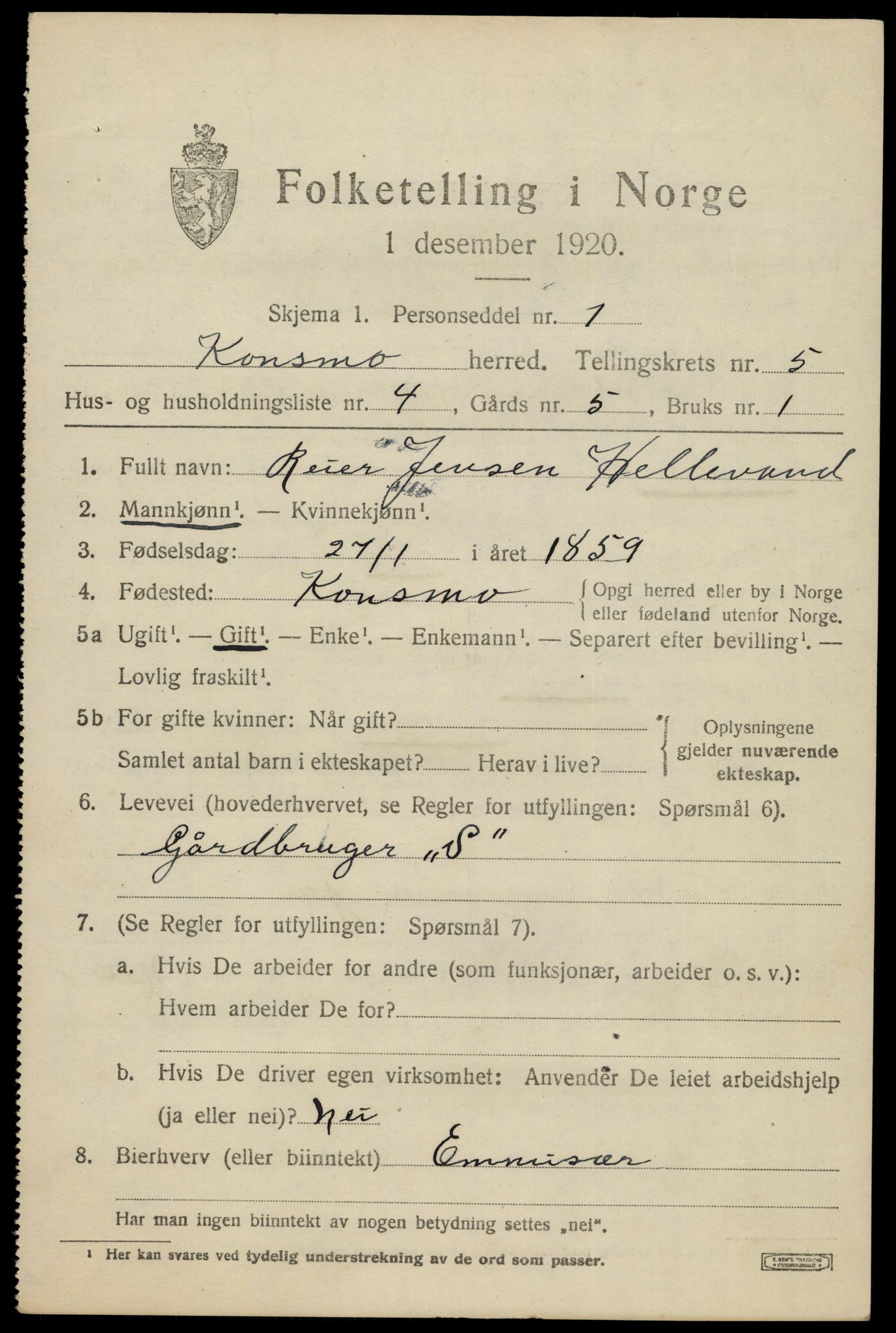 SAK, 1920 census for Konsmo, 1920, p. 1314