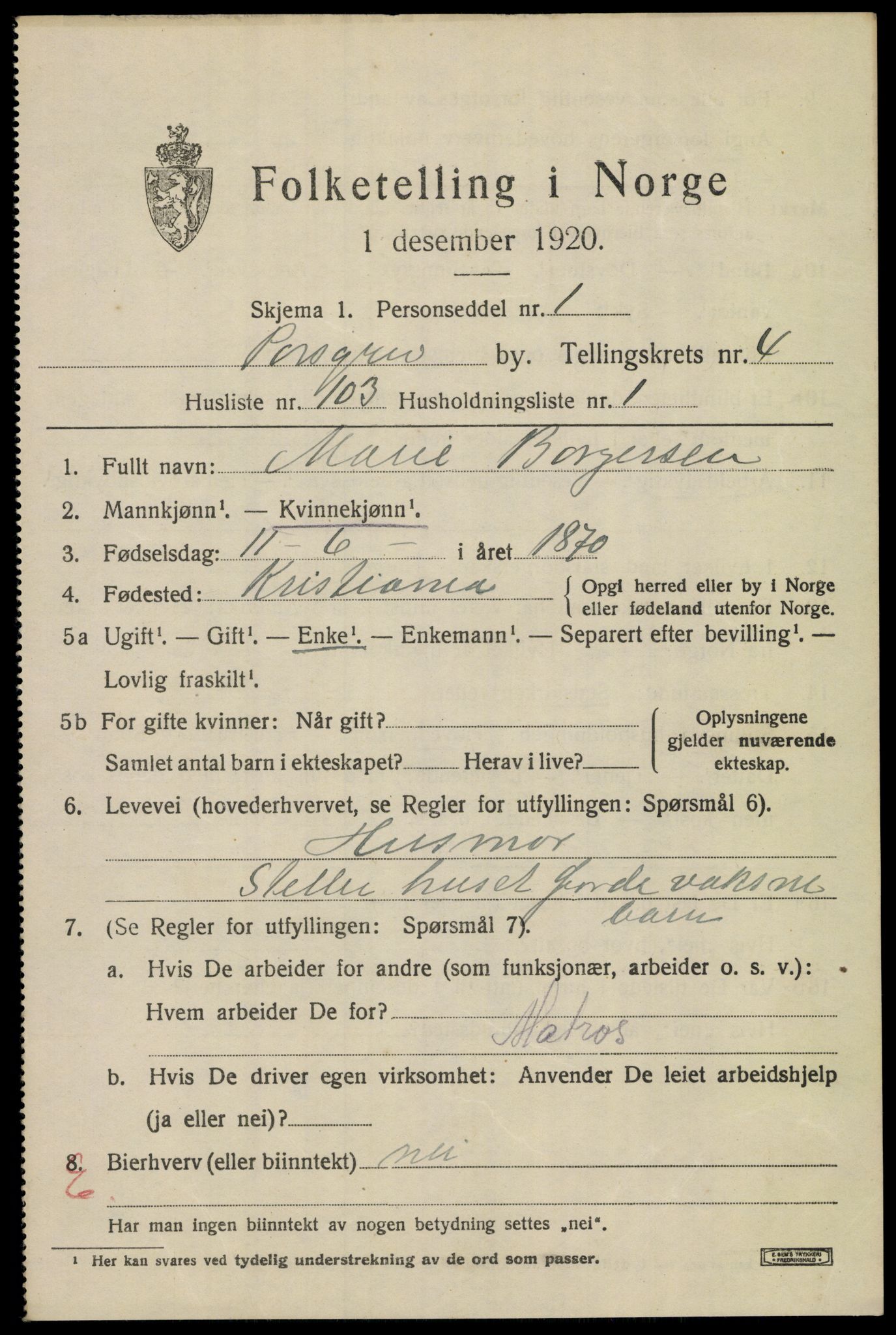 SAKO, 1920 census for Porsgrunn, 1920, p. 19891