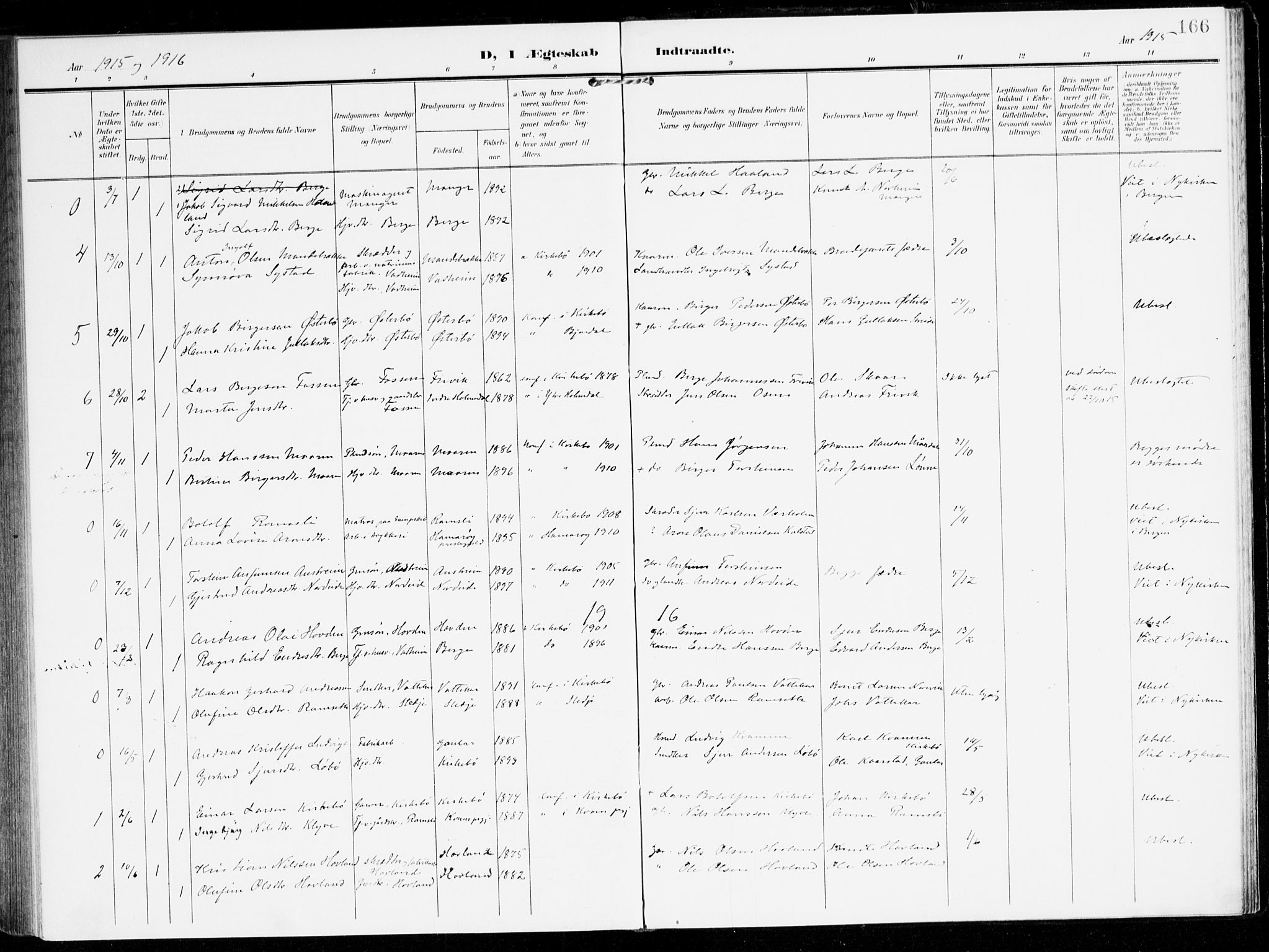 Lavik sokneprestembete, SAB/A-80901: Parish register (official) no. C 2, 1904-1921, p. 166