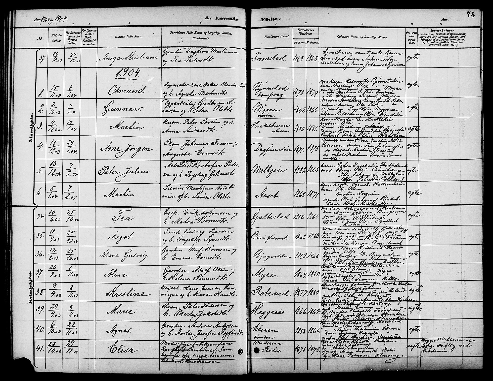 Biri prestekontor, SAH/PREST-096/H/Ha/Hab/L0004: Parish register (copy) no. 4, 1892-1909, p. 74