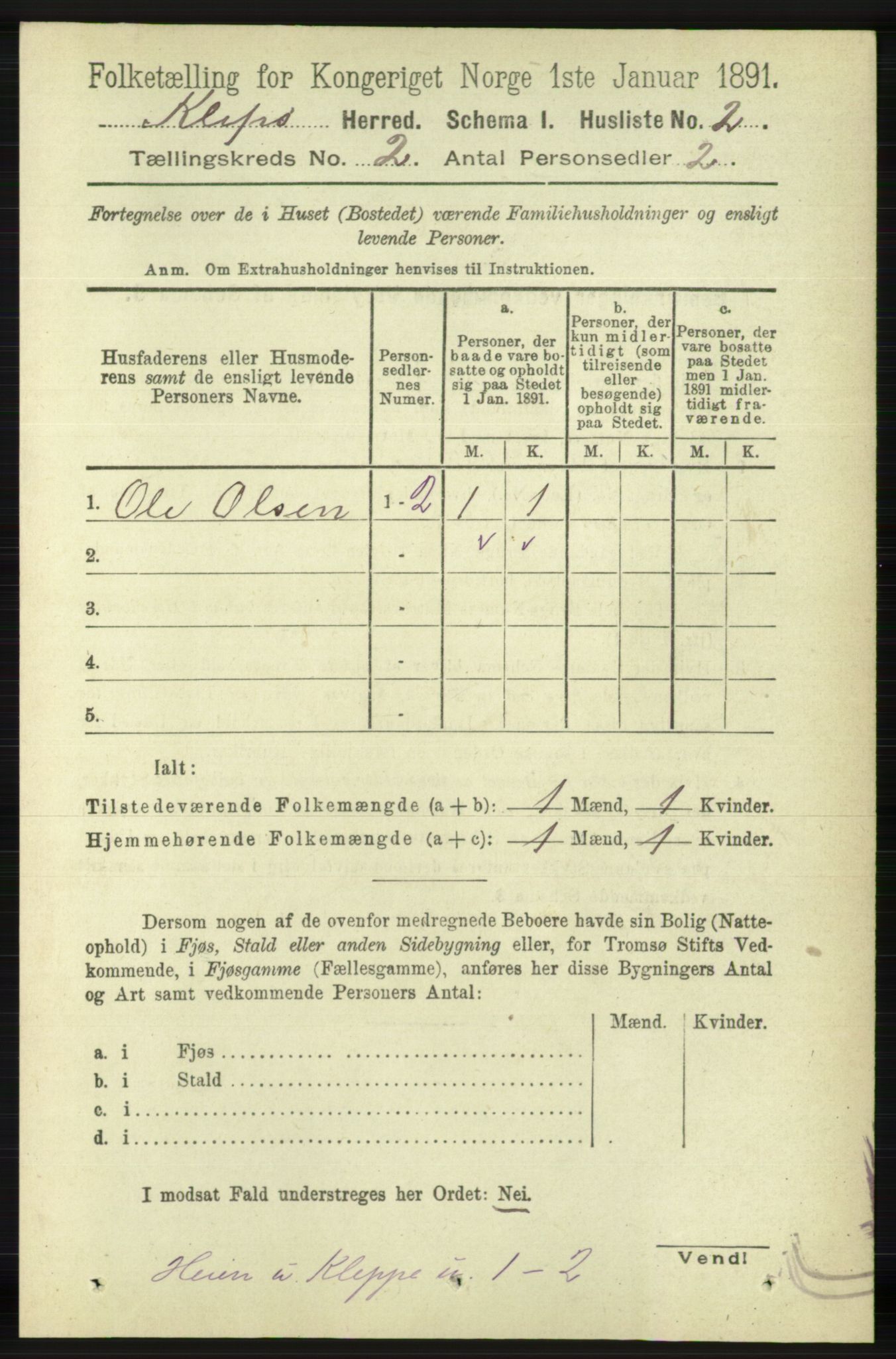 RA, 1891 census for 1120 Klepp, 1891, p. 310