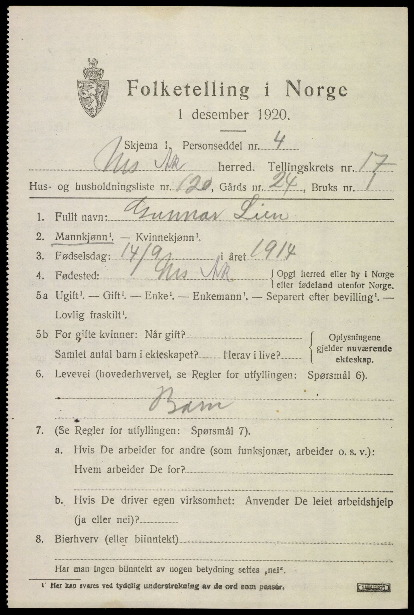 SAO, 1920 census for Nes, 1920, p. 17754
