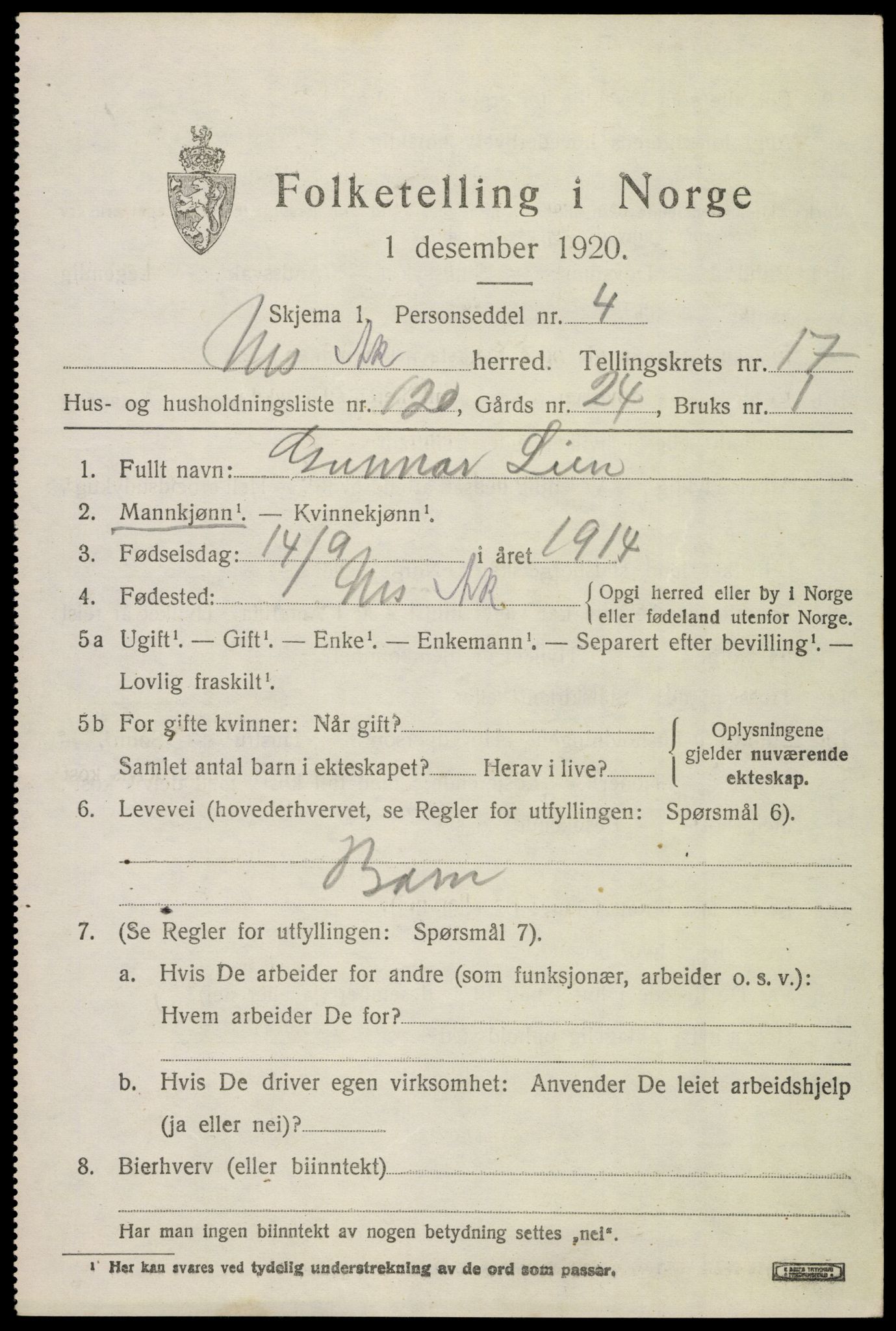 SAO, 1920 census for Nes, 1920, p. 17754