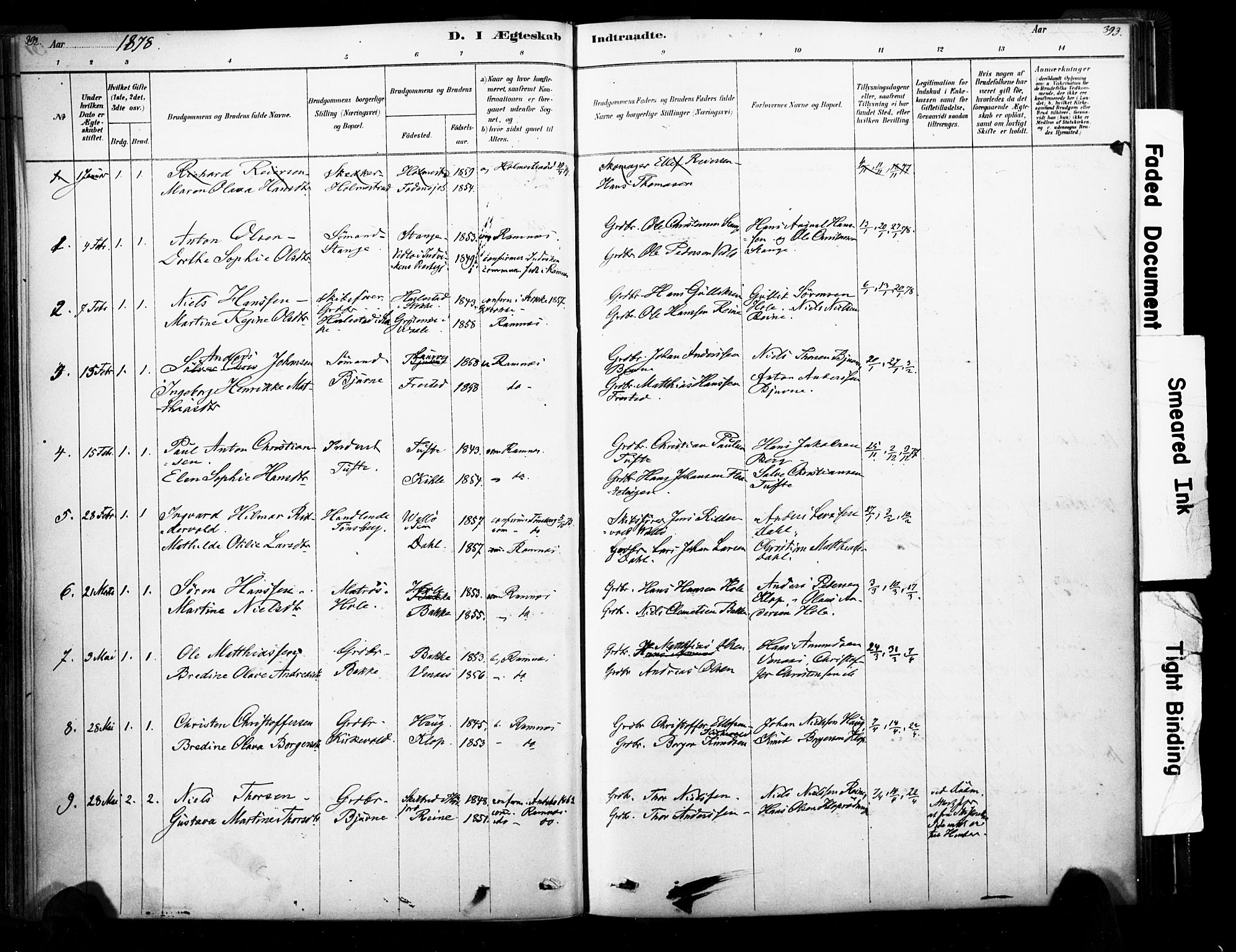 Ramnes kirkebøker, AV/SAKO-A-314/F/Fa/L0007: Parish register (official) no. I 7, 1878-1895, p. 392-393