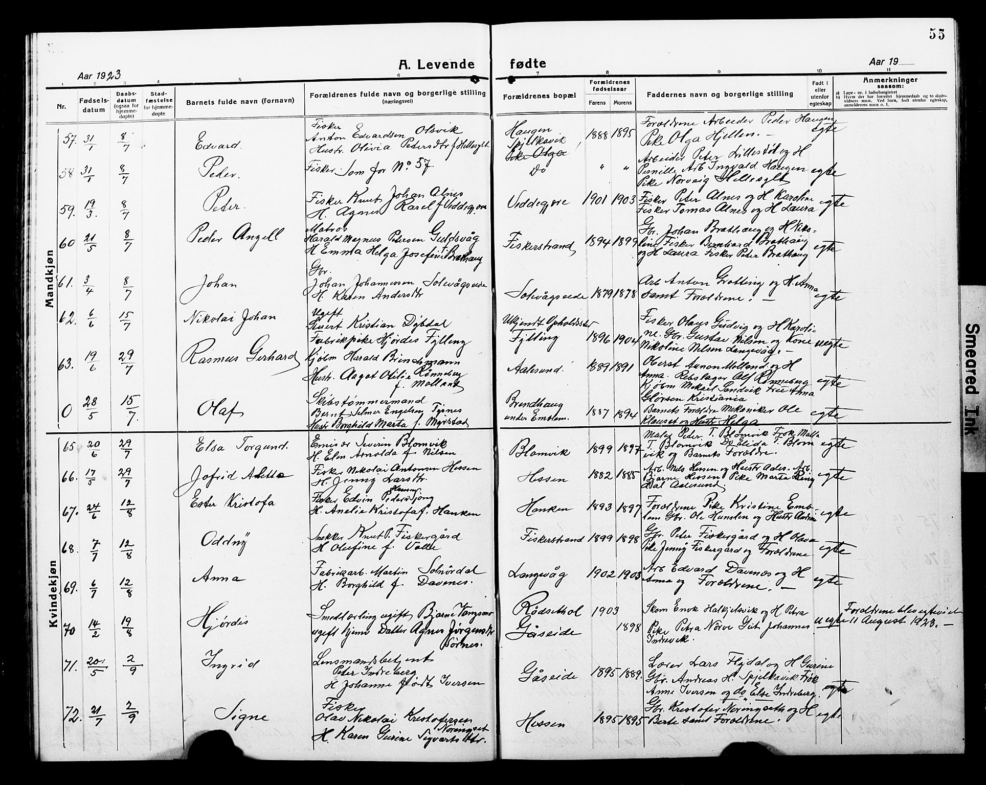 Ministerialprotokoller, klokkerbøker og fødselsregistre - Møre og Romsdal, AV/SAT-A-1454/528/L0434: Parish register (copy) no. 528C15, 1919-1927, p. 55
