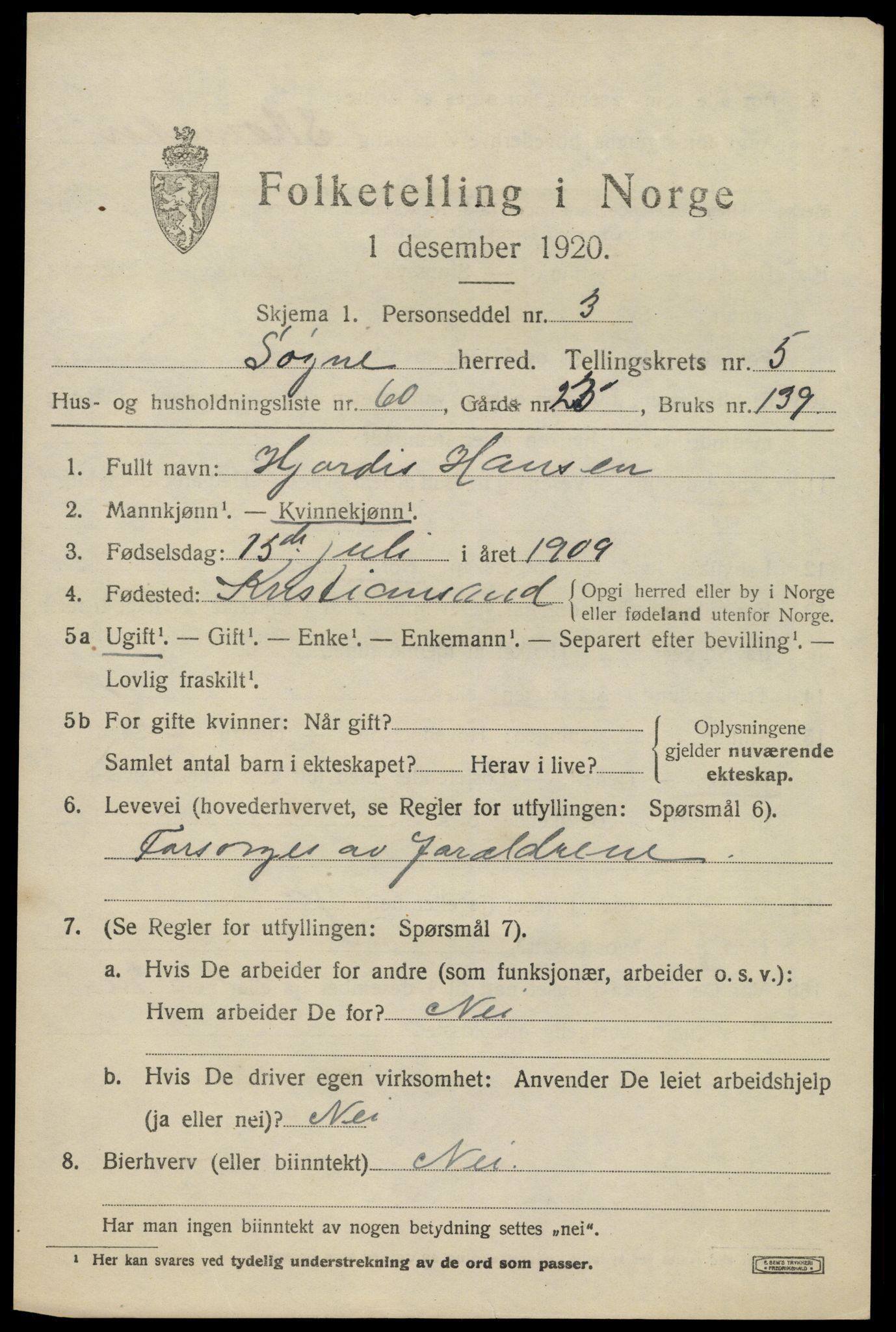 SAK, 1920 census for Søgne, 1920, p. 2771