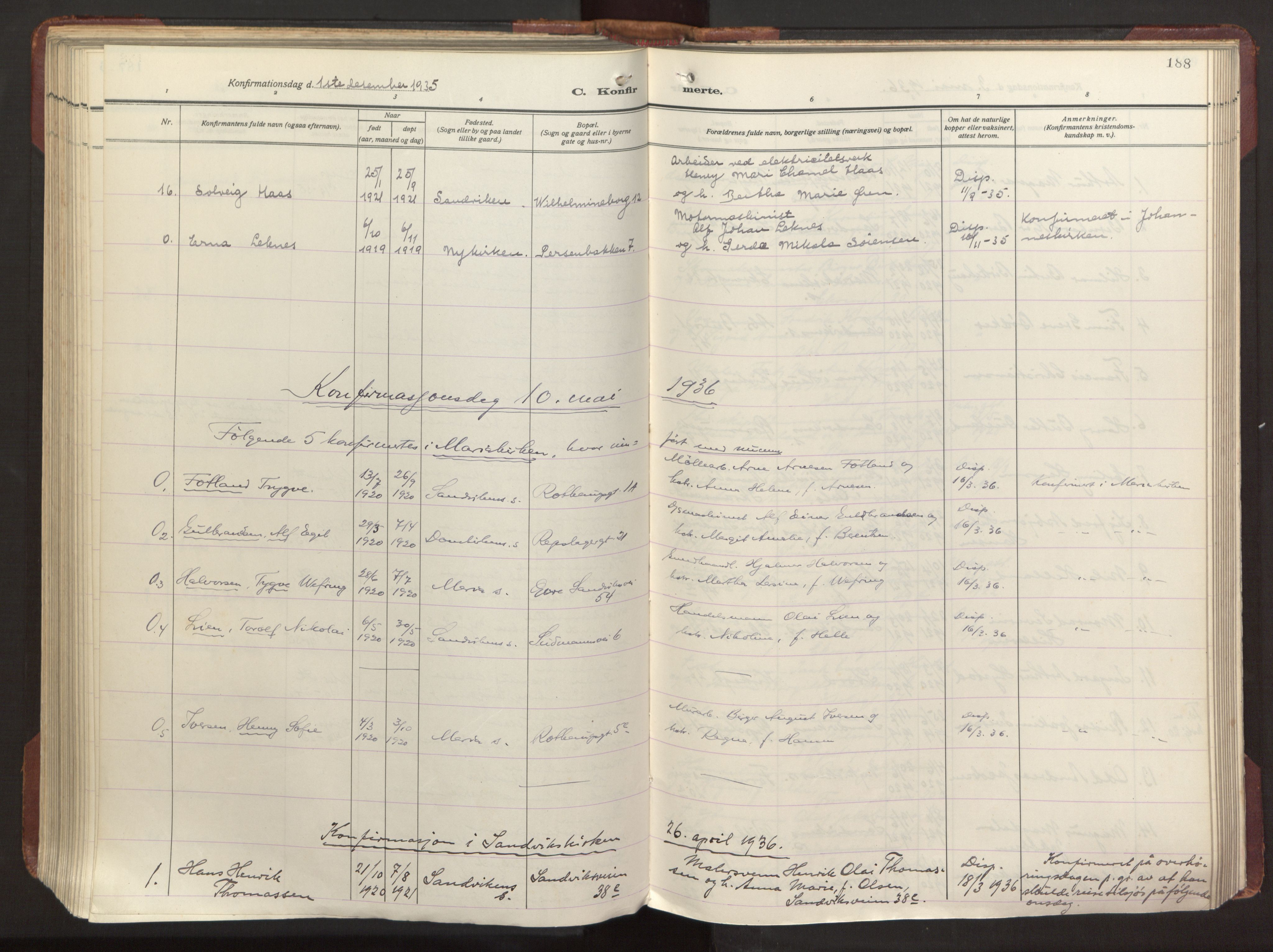 Sandviken Sokneprestembete, SAB/A-77601/H/Ha/L0013: Parish register (official) no. C 4, 1926-1943, p. 188