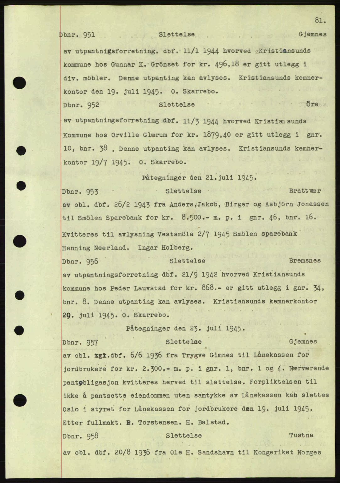 Nordmøre sorenskriveri, AV/SAT-A-4132/1/2/2Ca: Mortgage book no. C82a, 1945-1946, Diary no: : 951/1945