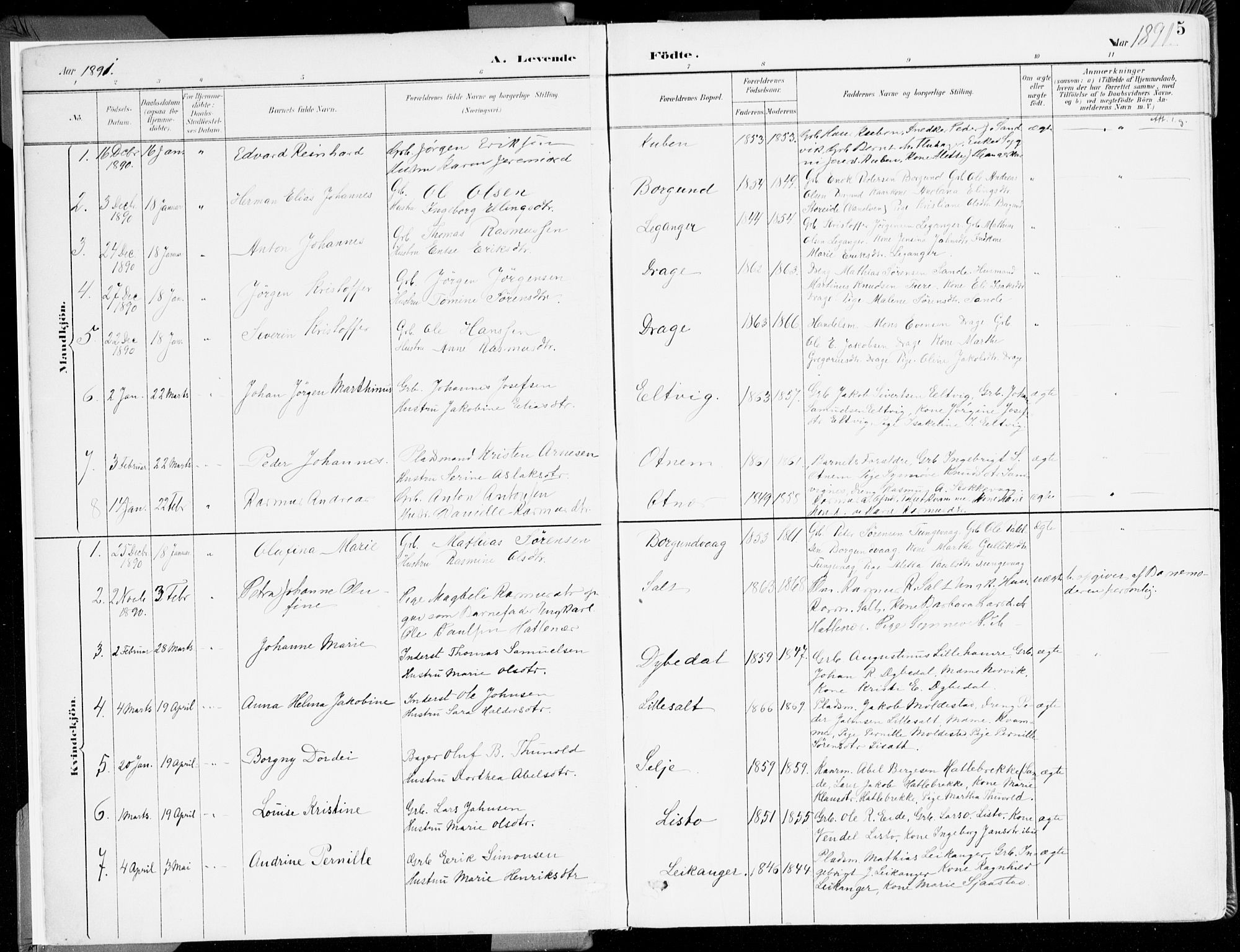 Selje sokneprestembete, SAB/A-99938/H/Ha/Haa/Haab: Parish register (official) no. B 2, 1891-1907, p. 5