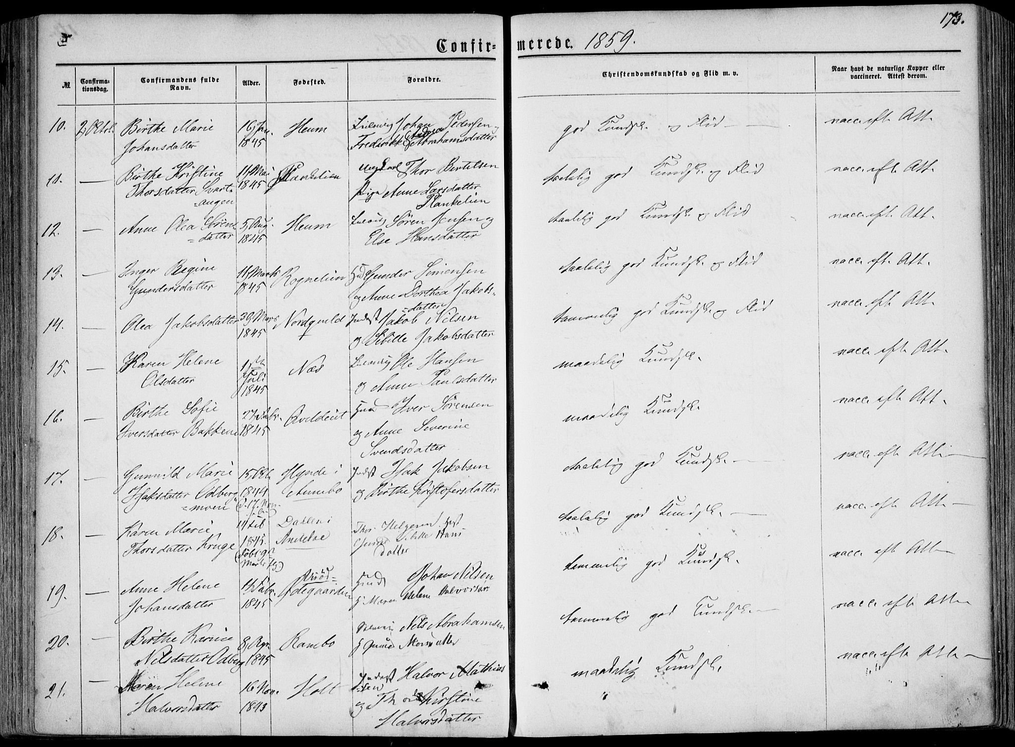 Hedrum kirkebøker, AV/SAKO-A-344/F/Fa/L0007: Parish register (official) no. I 7, 1857-1868, p. 173