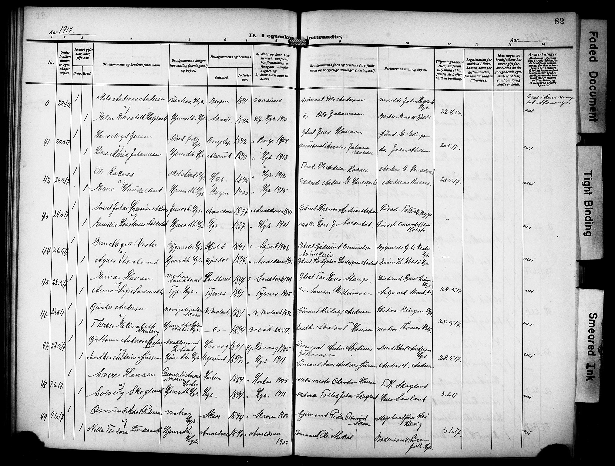 Haugesund sokneprestkontor, AV/SAST-A -101863/H/Ha/Hab/L0008: Parish register (copy) no. B 8, 1909-1921, p. 82