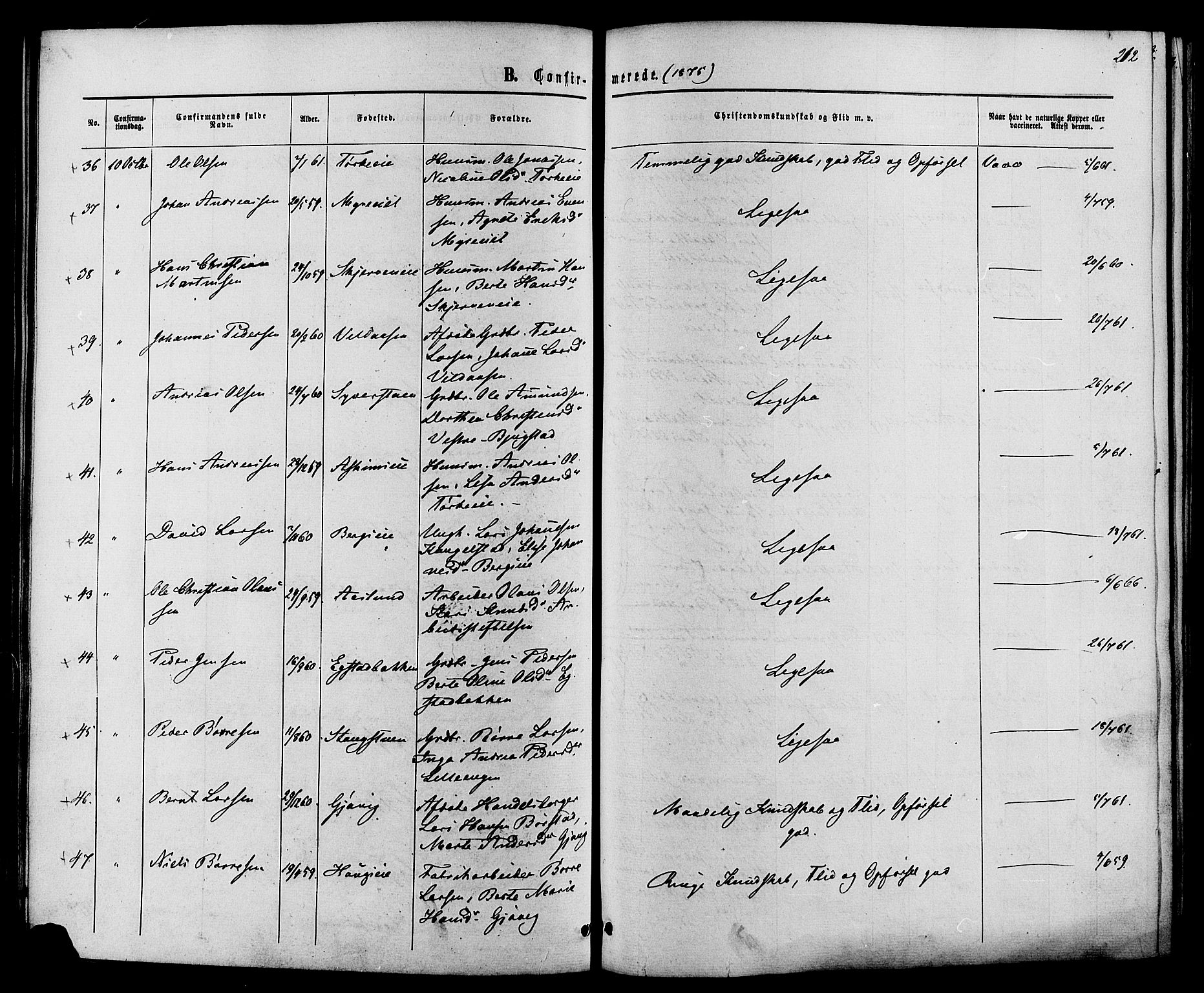 Vardal prestekontor, SAH/PREST-100/H/Ha/Haa/L0007: Parish register (official) no. 7, 1867-1878, p. 212