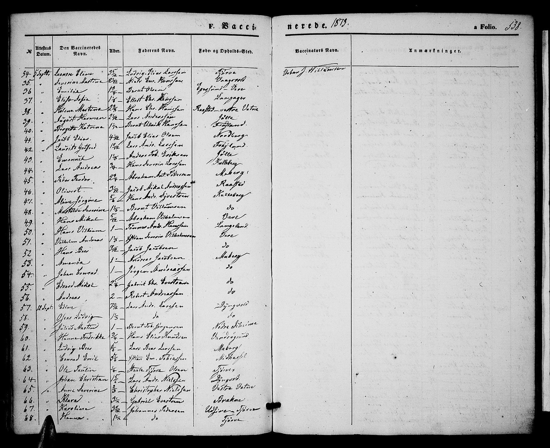 Lista sokneprestkontor, SAK/1111-0027/F/Fb/L0003: Parish register (copy) no. B 3, 1862-1877, p. 538