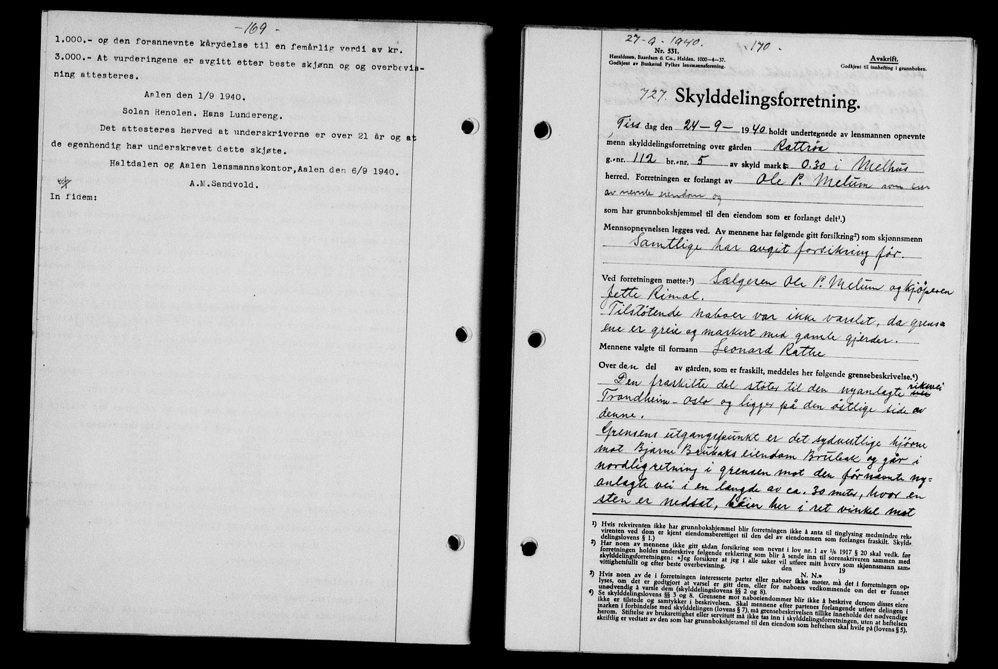 Gauldal sorenskriveri, SAT/A-0014/1/2/2C/L0052: Mortgage book no. 57, 1940-1941, Diary no: : 727/1940