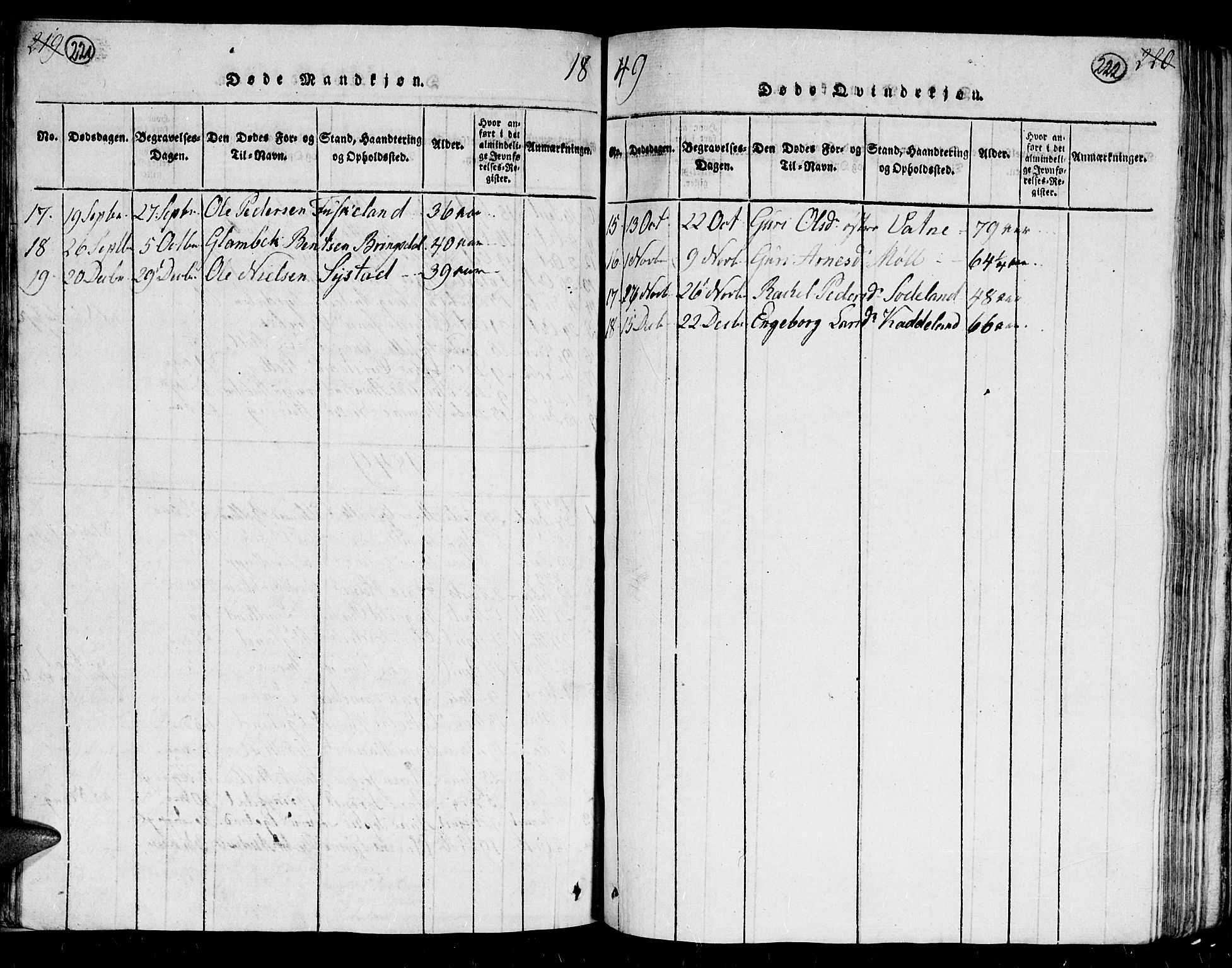 Holum sokneprestkontor, SAK/1111-0022/F/Fb/Fba/L0002: Parish register (copy) no. B 2, 1820-1849, p. 221-222