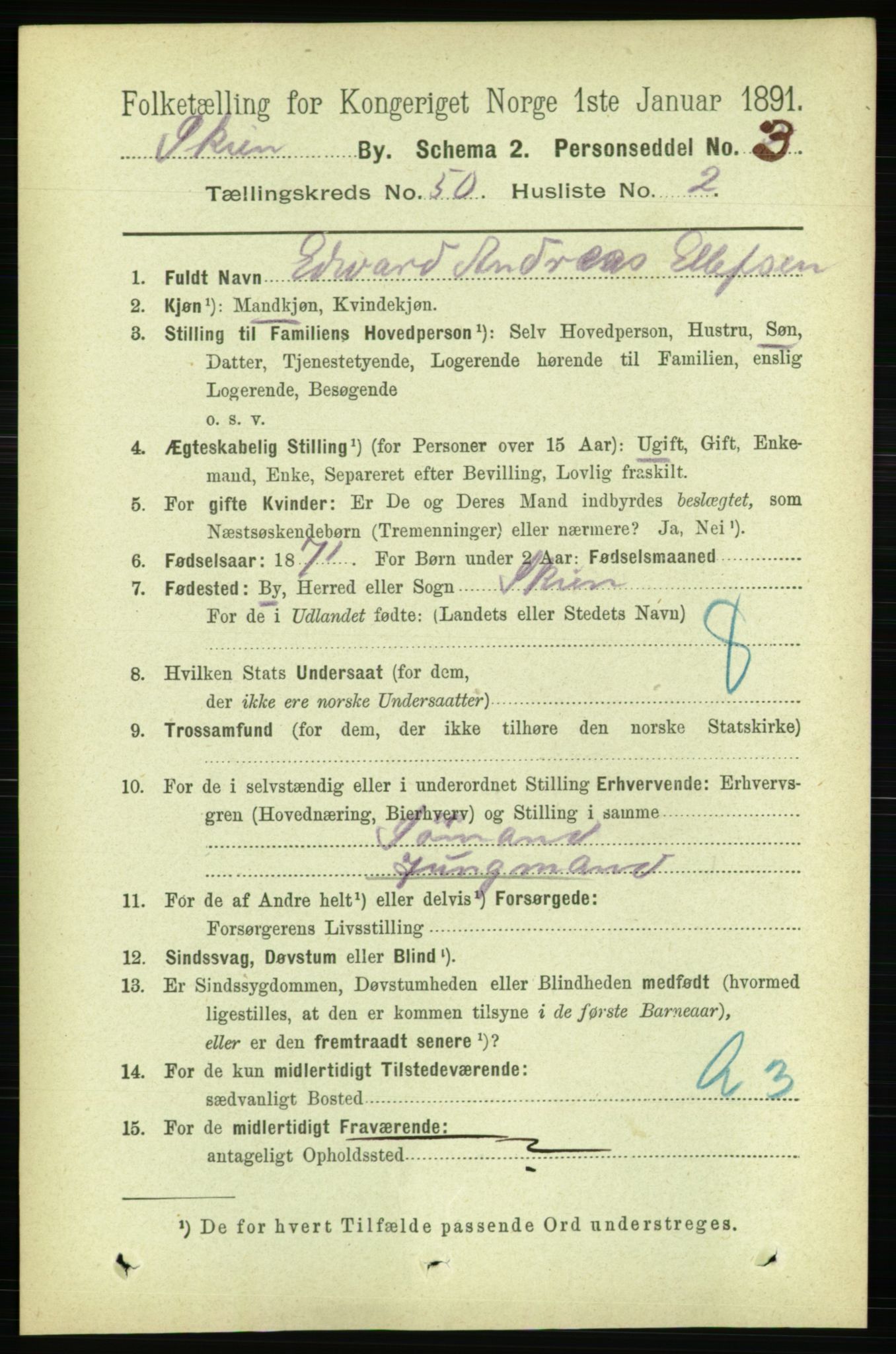 RA, 1891 census for 0806 Skien, 1891, p. 10748