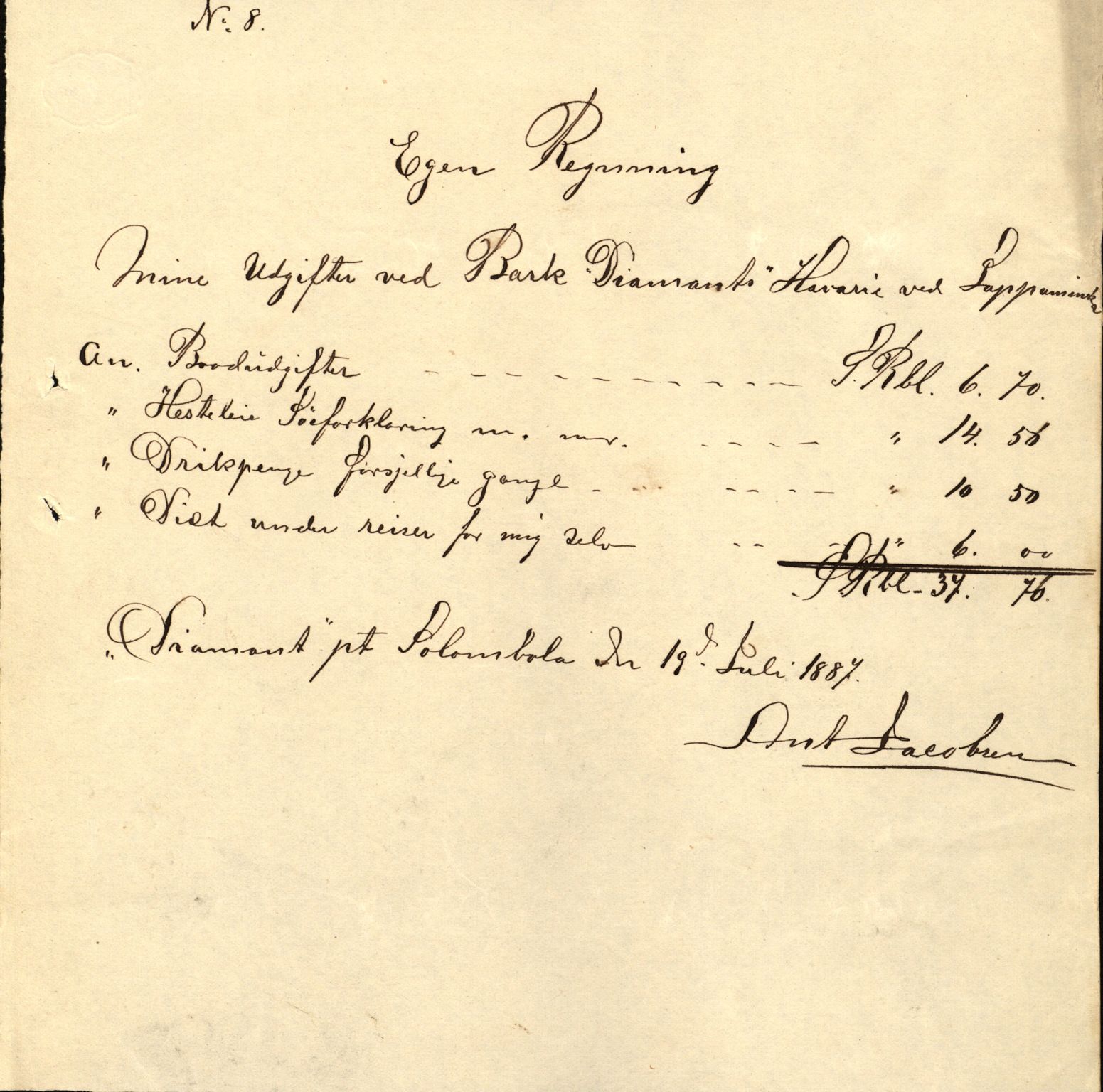 Pa 63 - Østlandske skibsassuranceforening, VEMU/A-1079/G/Ga/L0020/0003: Havaridokumenter / Anton, Diamant, Templar, Finn, Eliezer, Arctic, 1887, p. 110