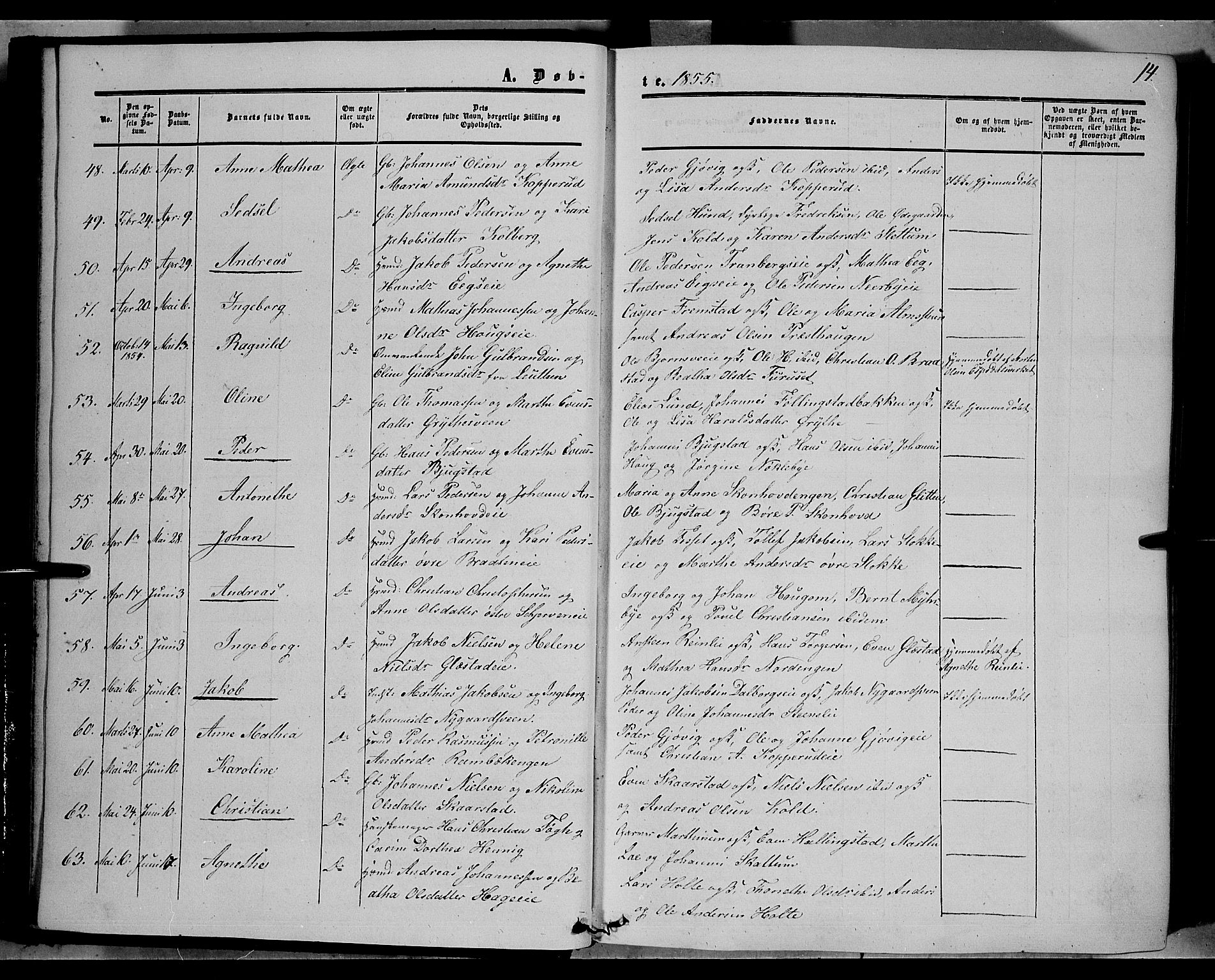 Vardal prestekontor, AV/SAH-PREST-100/H/Ha/Haa/L0006: Parish register (official) no. 6, 1854-1866, p. 14