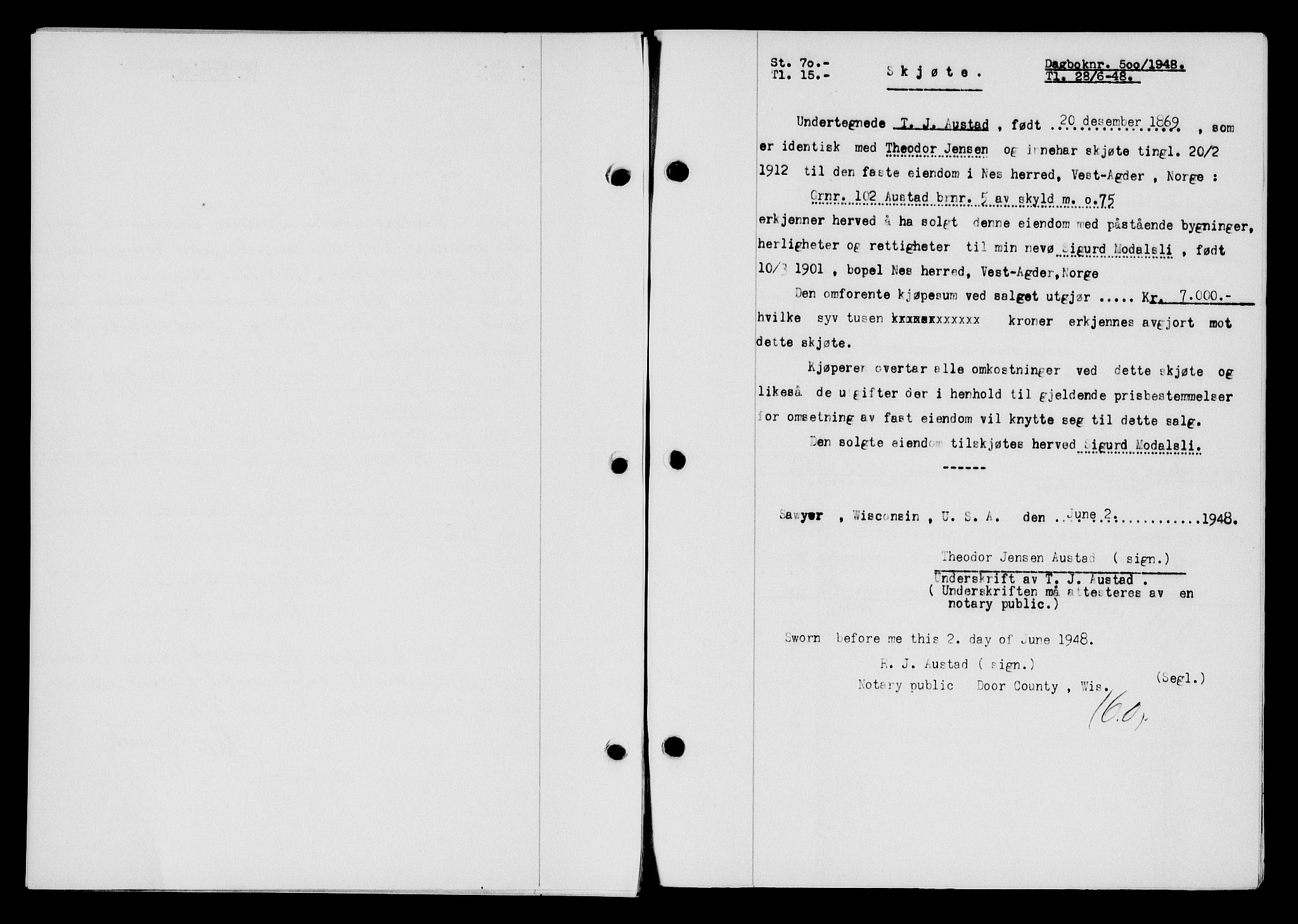 Flekkefjord sorenskriveri, SAK/1221-0001/G/Gb/Gba/L0063: Mortgage book no. A-11, 1947-1948, Diary no: : 500/1948
