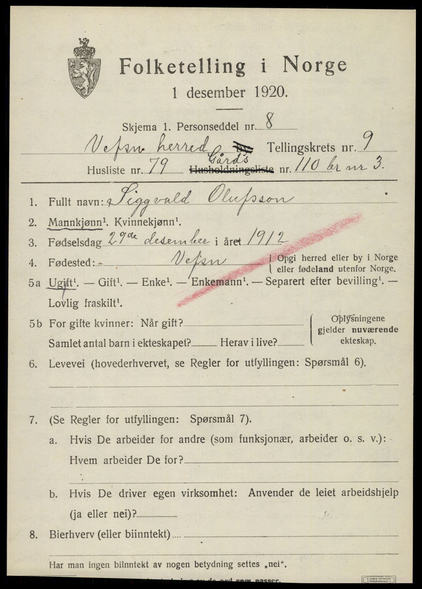 SAT, 1920 census for Vefsn, 1920, p. 6879