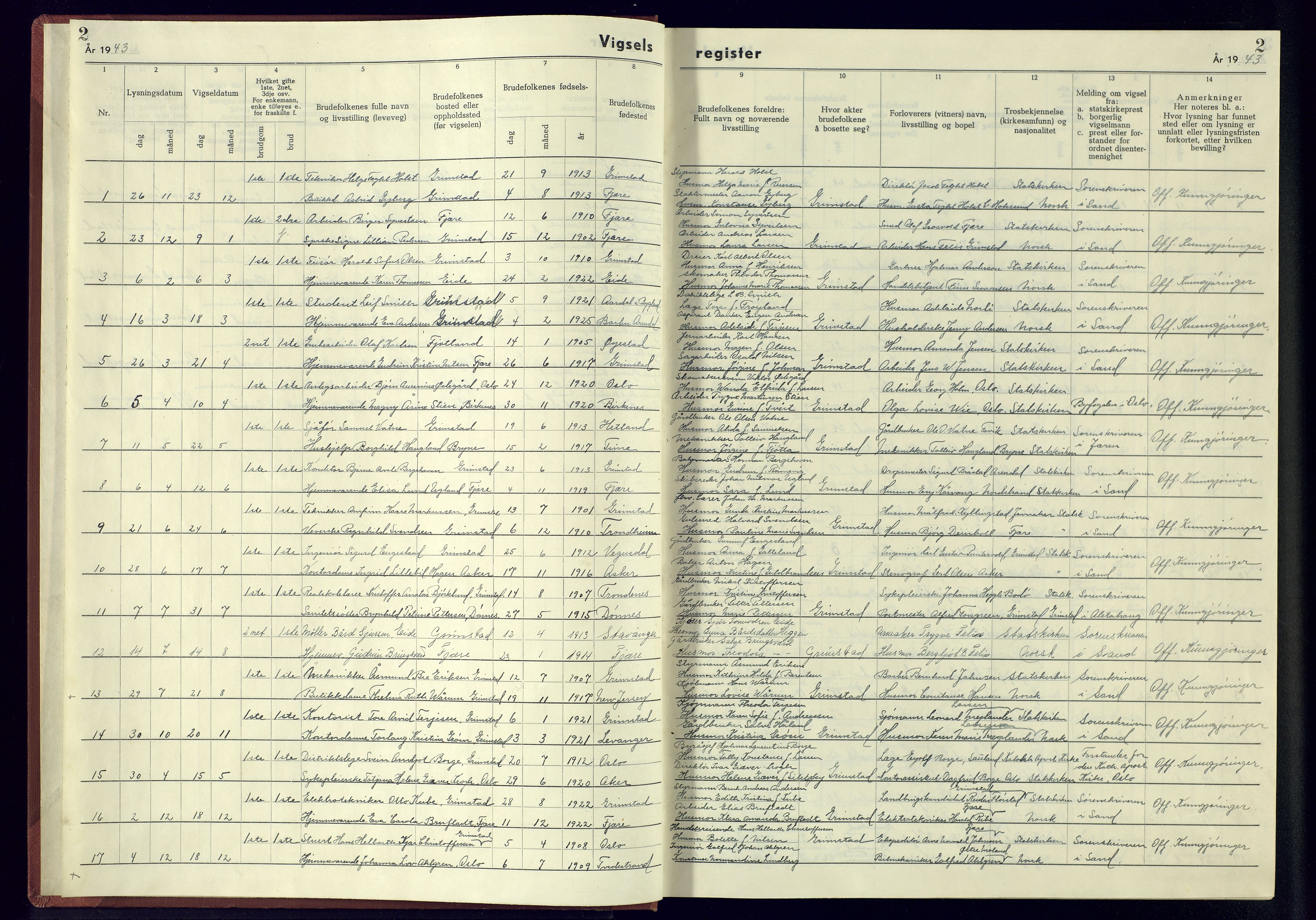 Grimstad sokneprestkontor, AV/SAK-1111-0017/J/Jb/L0002: Marriage register no. II.6.2, 1942-1945, p. 2