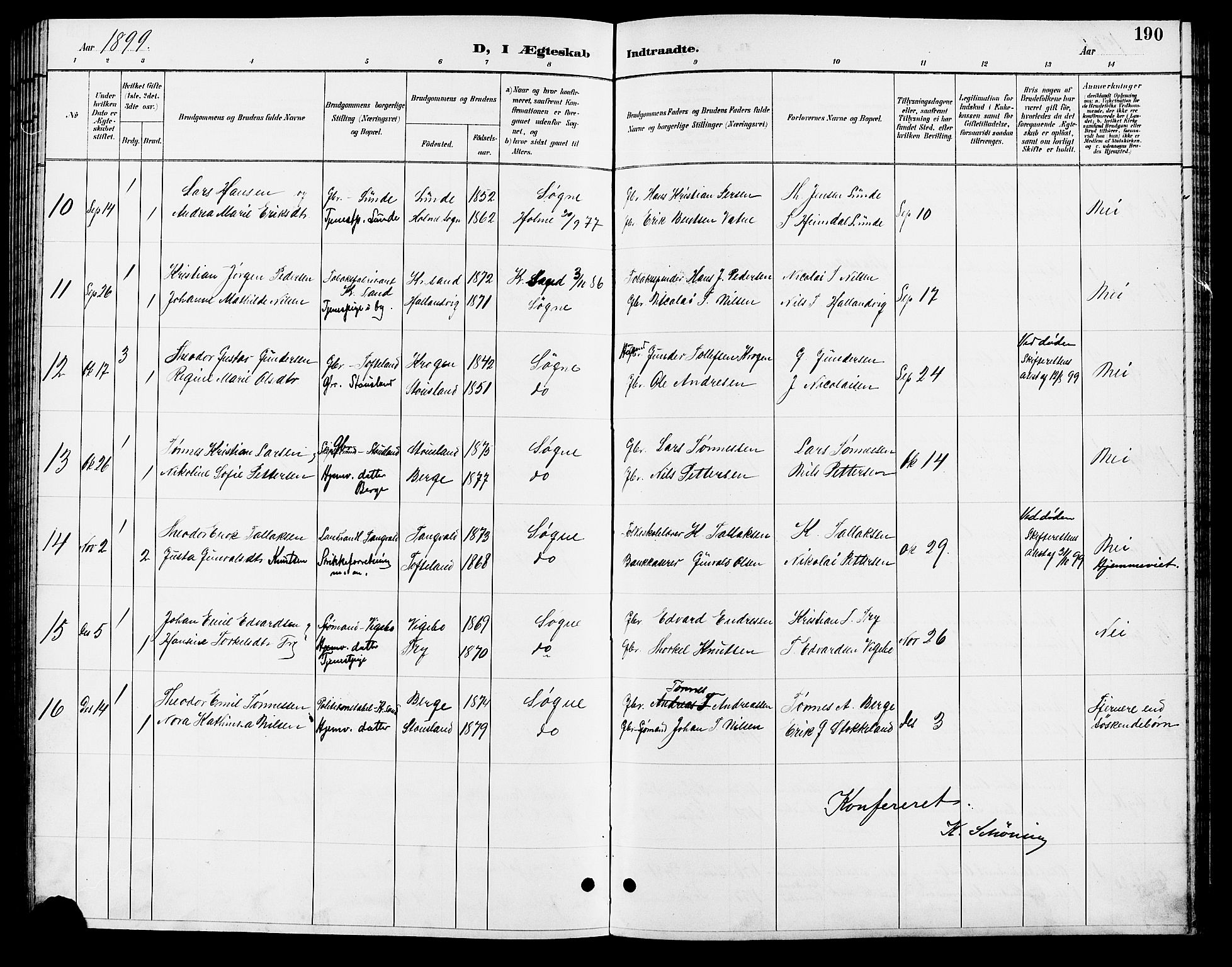 Søgne sokneprestkontor, AV/SAK-1111-0037/F/Fb/Fbb/L0006: Parish register (copy) no. B 6, 1892-1911, p. 190