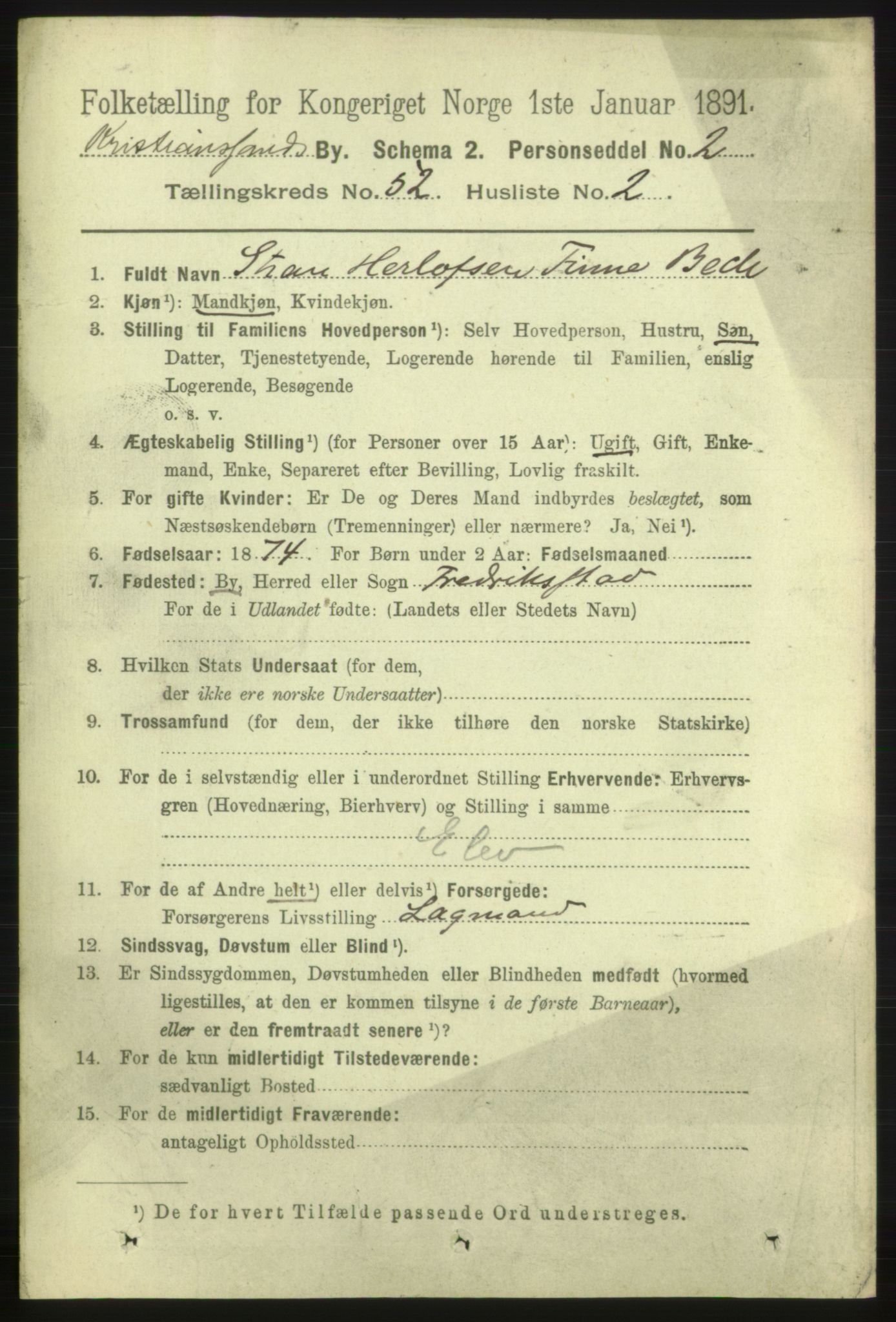 RA, 1891 census for 1001 Kristiansand, 1891, p. 15147