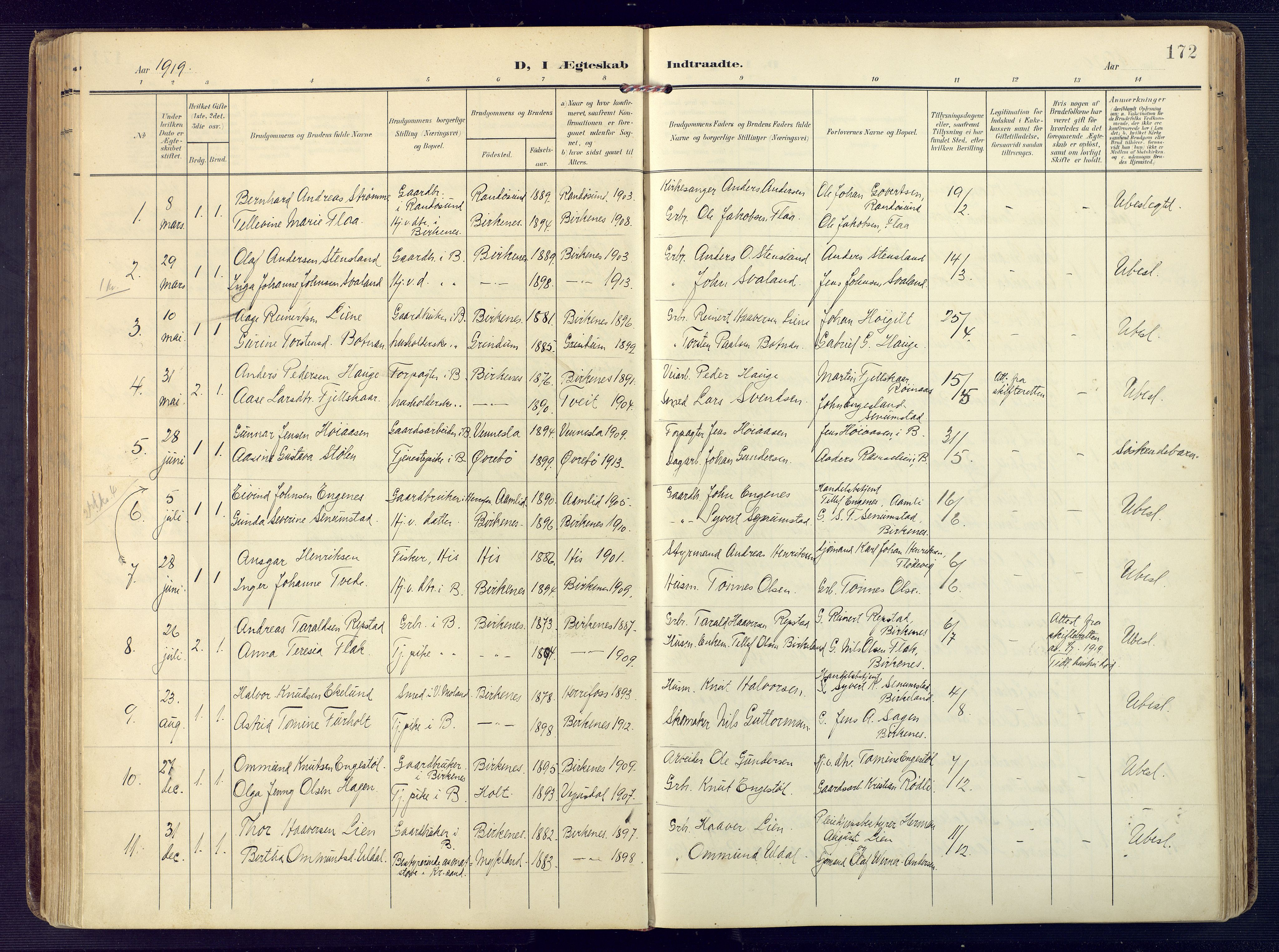 Birkenes sokneprestkontor, SAK/1111-0004/F/Fa/L0006: Parish register (official) no. A 6, 1908-1932, p. 172