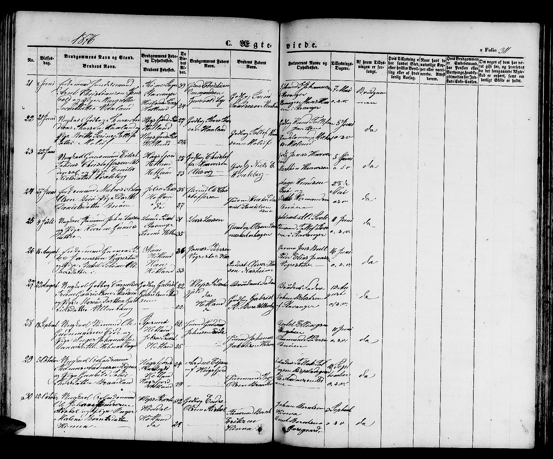 Hetland sokneprestkontor, SAST/A-101826/30/30BB/L0003: Parish register (copy) no. B 3, 1863-1877, p. 311