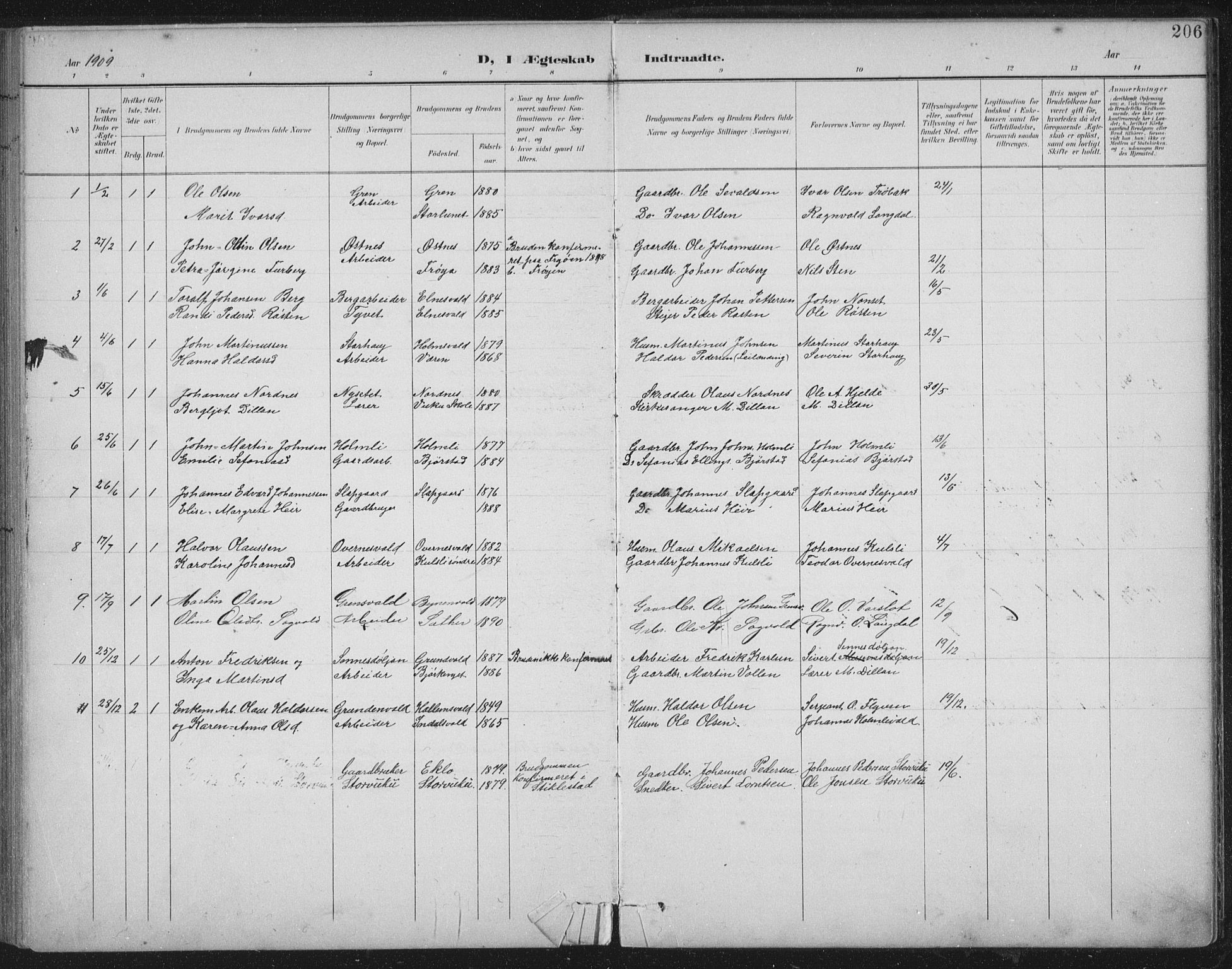 Ministerialprotokoller, klokkerbøker og fødselsregistre - Nord-Trøndelag, SAT/A-1458/724/L0269: Parish register (copy) no. 724C05, 1899-1920, p. 206