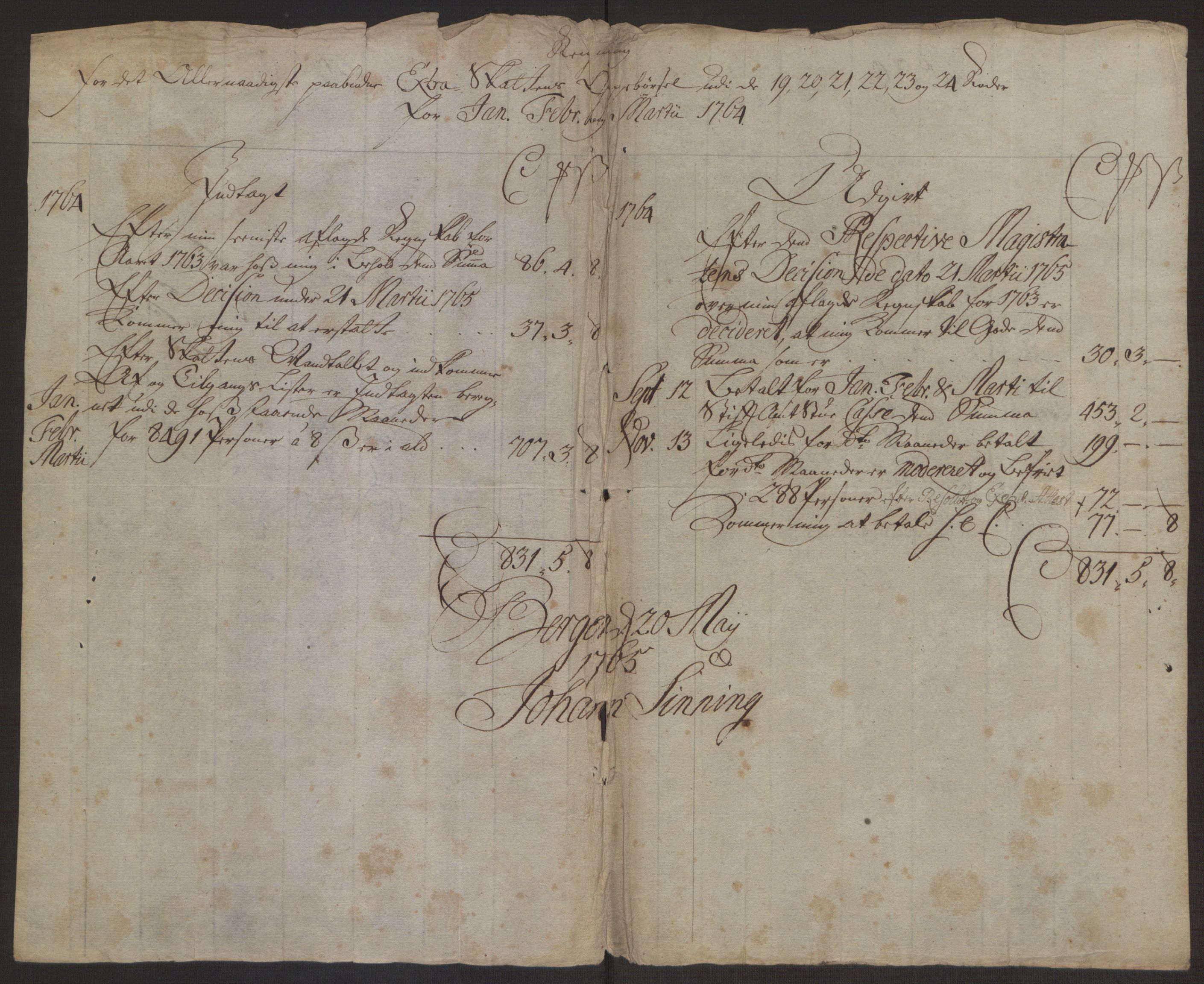 Rentekammeret inntil 1814, Reviderte regnskaper, Byregnskaper, AV/RA-EA-4066/R/Rp/L0368/0001: [P21] Kontribusjonsregnskap / Ekstraskatt, 1764, p. 154