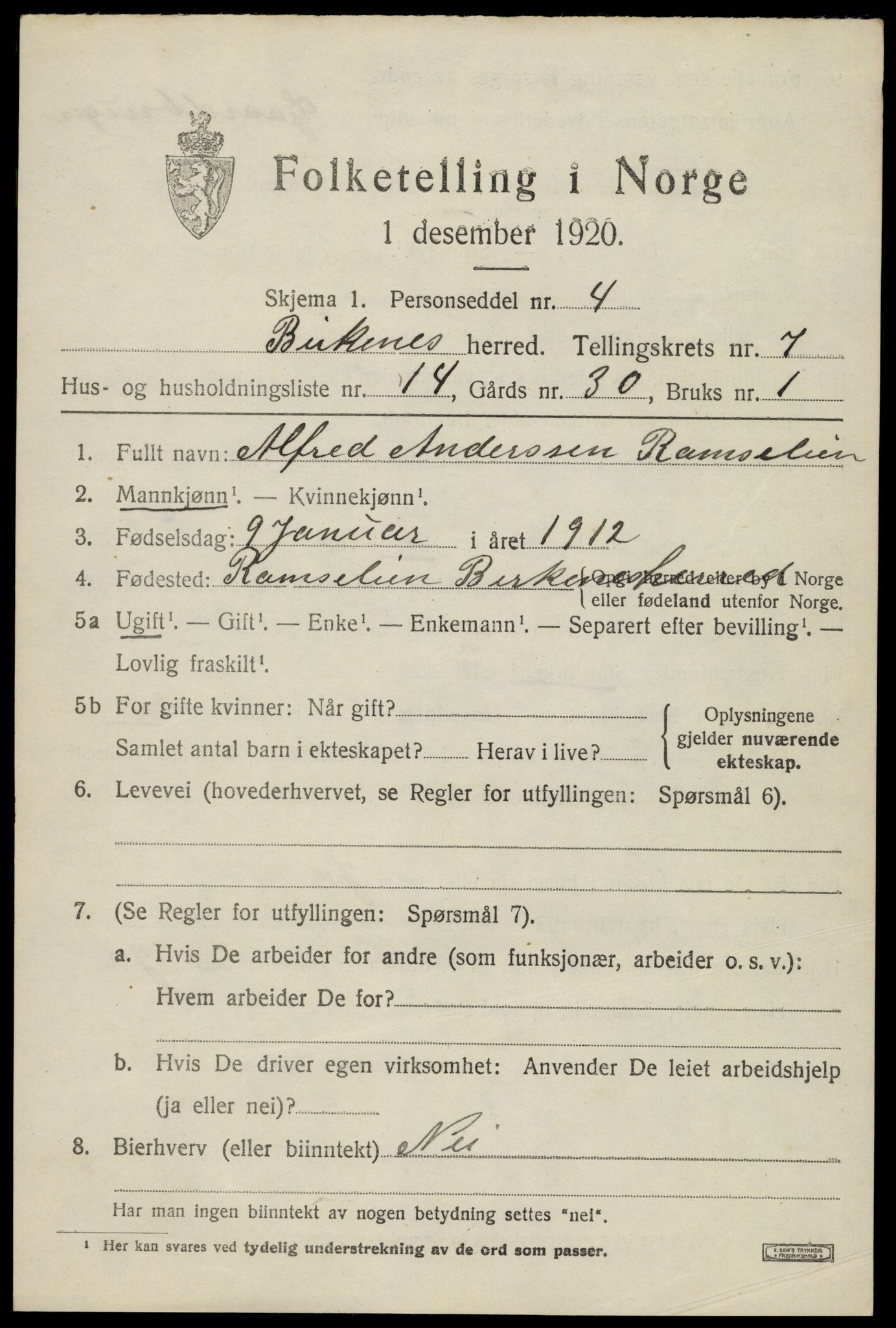 SAK, 1920 census for Birkenes, 1920, p. 4113