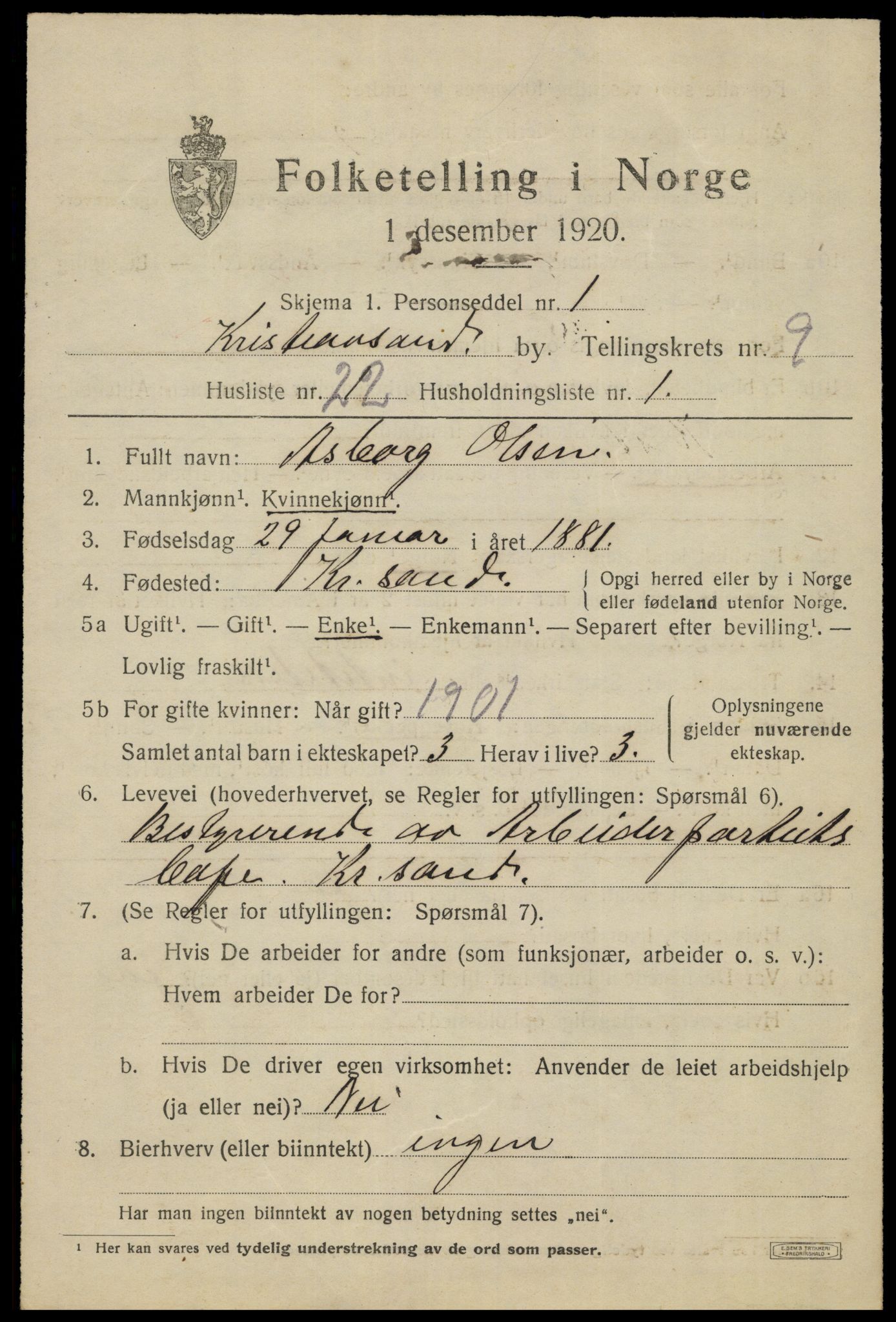 SAK, 1920 census for Kristiansand, 1920, p. 22901