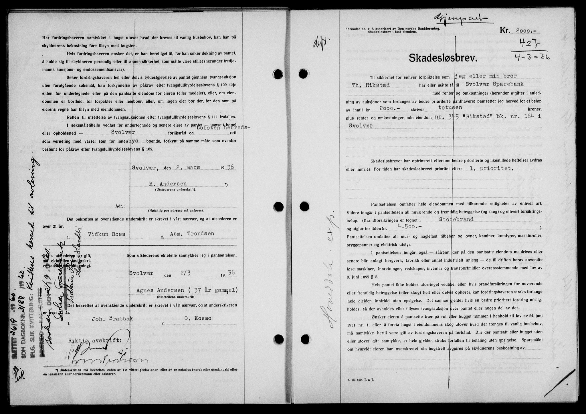 Lofoten sorenskriveri, SAT/A-0017/1/2/2C/L0033b: Mortgage book no. 33b, 1936-1936, Diary no: : 427/1936
