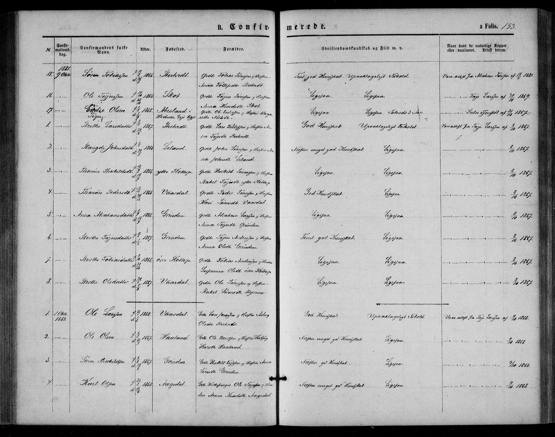 Bjelland sokneprestkontor, SAK/1111-0005/F/Fa/Fac/L0002: Parish register (official) no. A 2, 1866-1887, p. 153