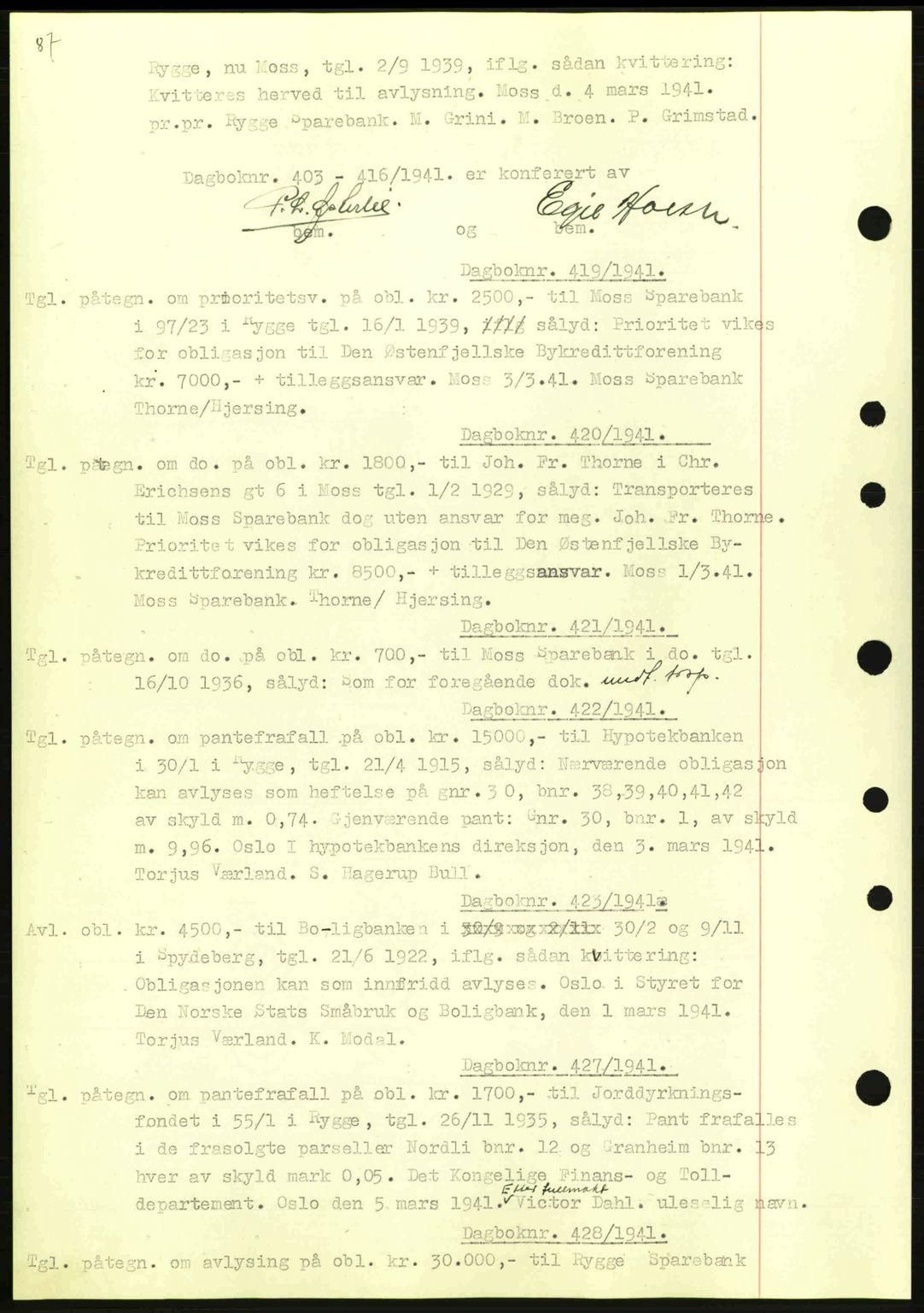 Moss sorenskriveri, SAO/A-10168: Mortgage book no. B10, 1940-1941, Diary no: : 419/1941