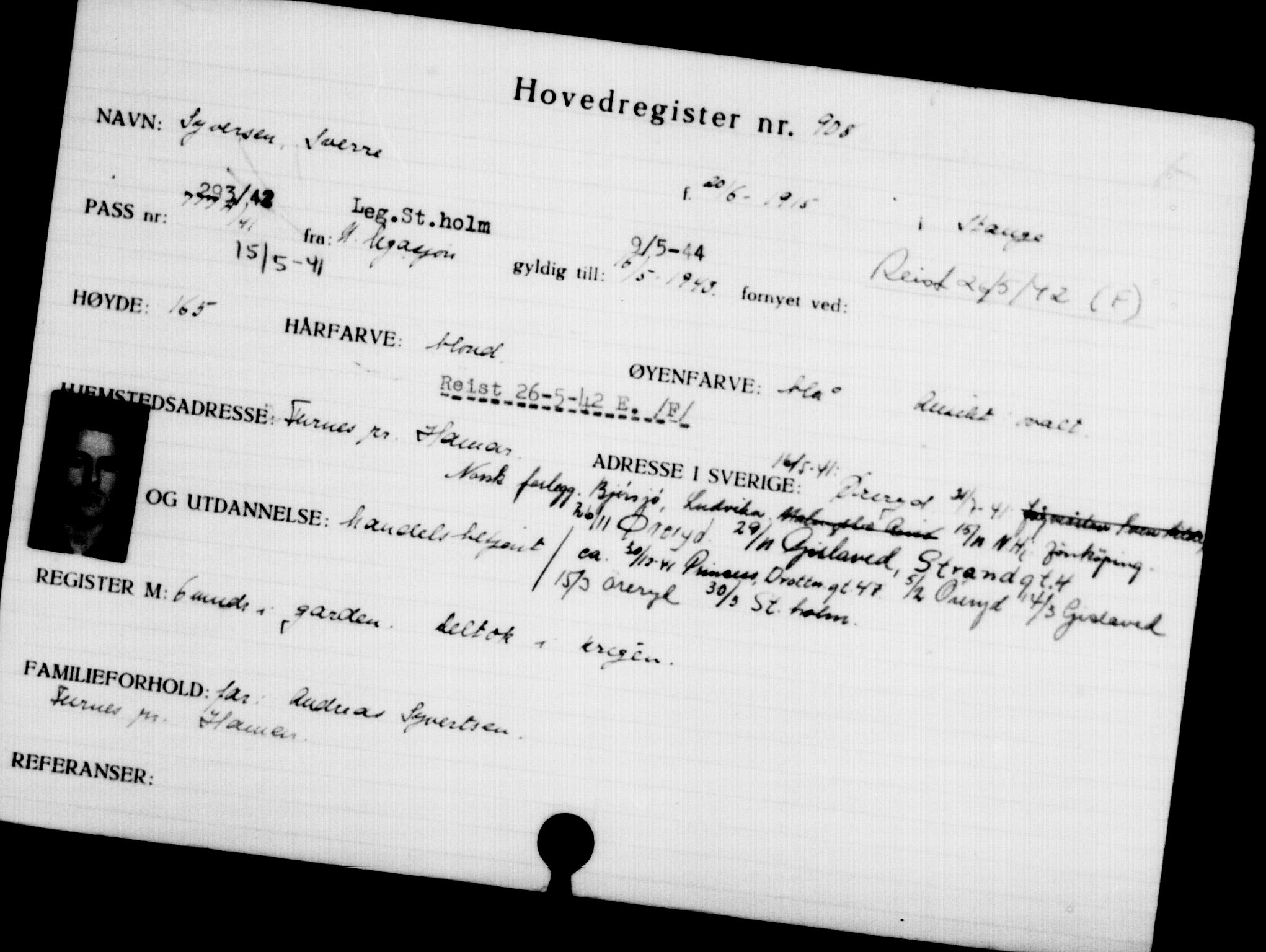 Utenriksstasjonene, Legasjonen i Stockholm, Flyktningkontoret, AV/RA-S-6753/V/Va/L0001: Kjesäterkartoteket, flyktninger med registreringsnr. 1-1000, 1940-1945, p. 1431