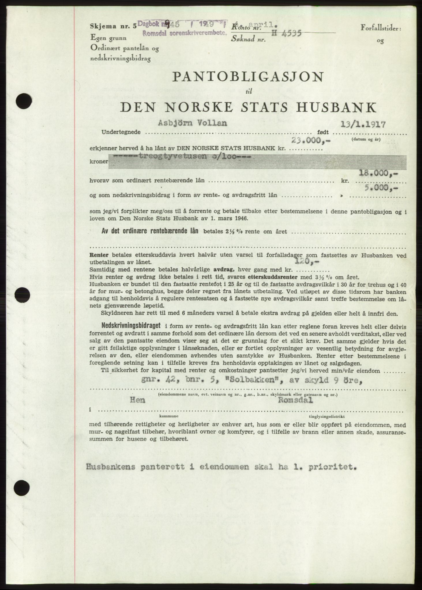 Romsdal sorenskriveri, AV/SAT-A-4149/1/2/2C: Mortgage book no. B4, 1948-1949, Diary no: : 945/1949