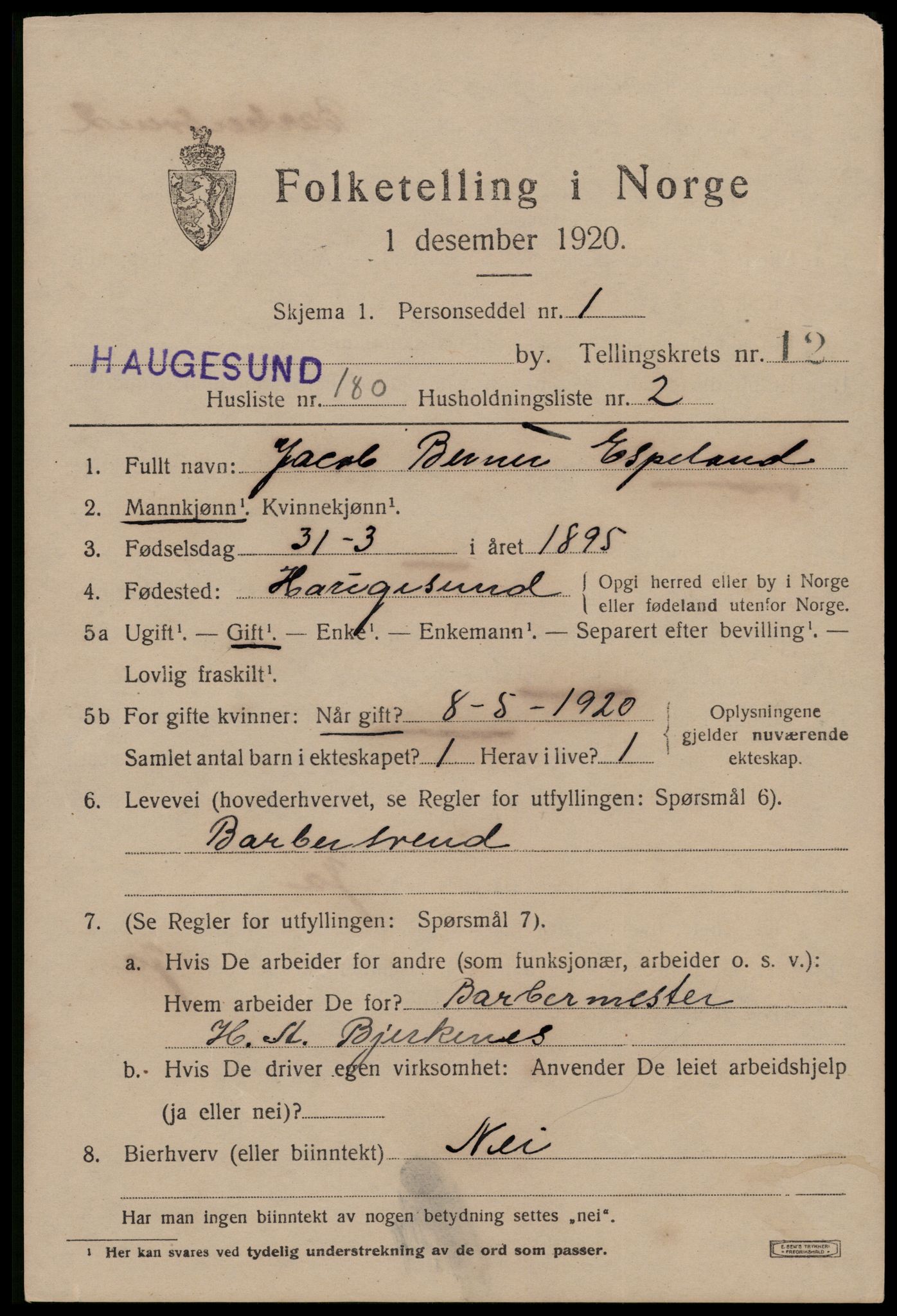 SAST, 1920 census for Haugesund, 1920, p. 41451