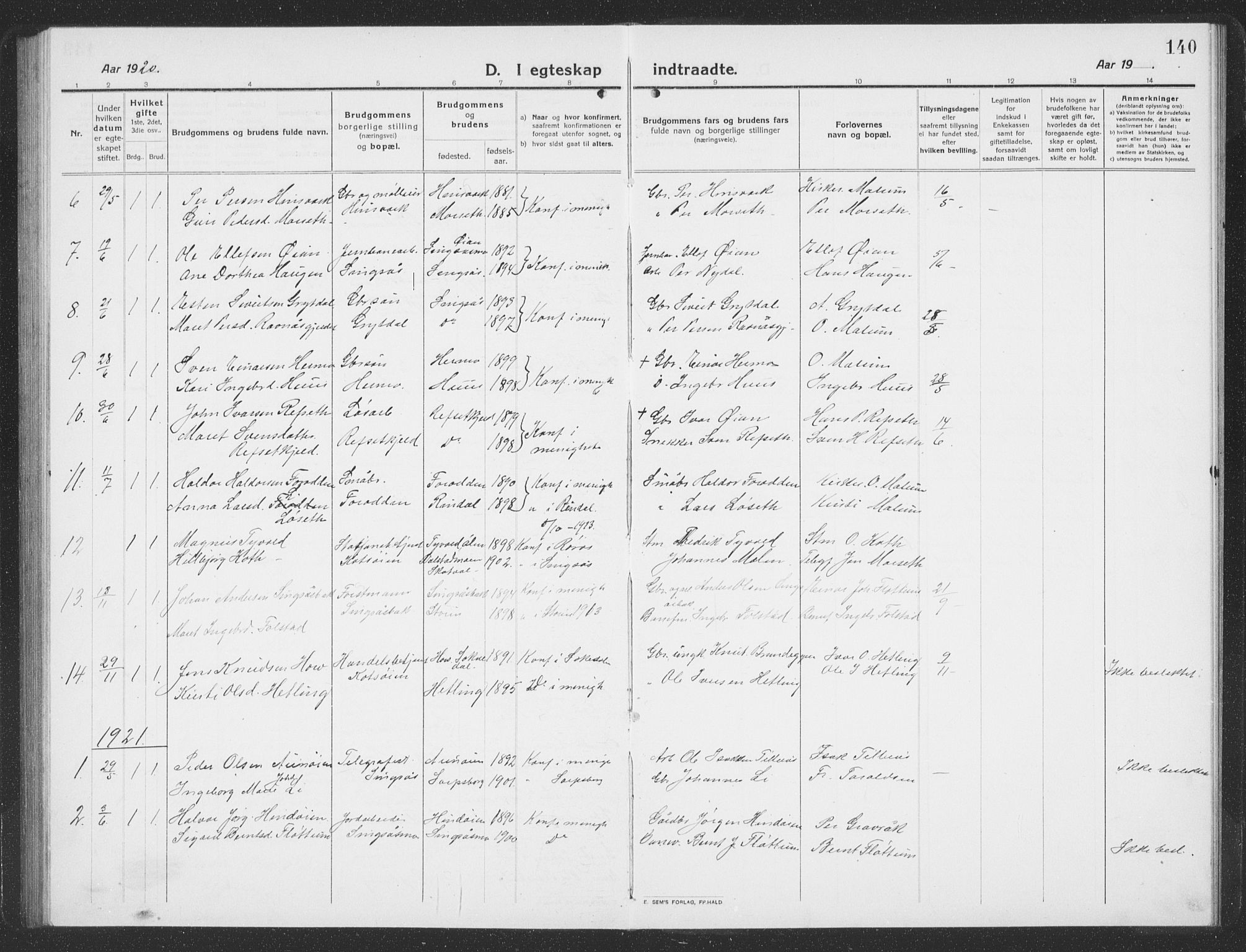 Ministerialprotokoller, klokkerbøker og fødselsregistre - Sør-Trøndelag, SAT/A-1456/688/L1030: Parish register (copy) no. 688C05, 1916-1939, p. 140