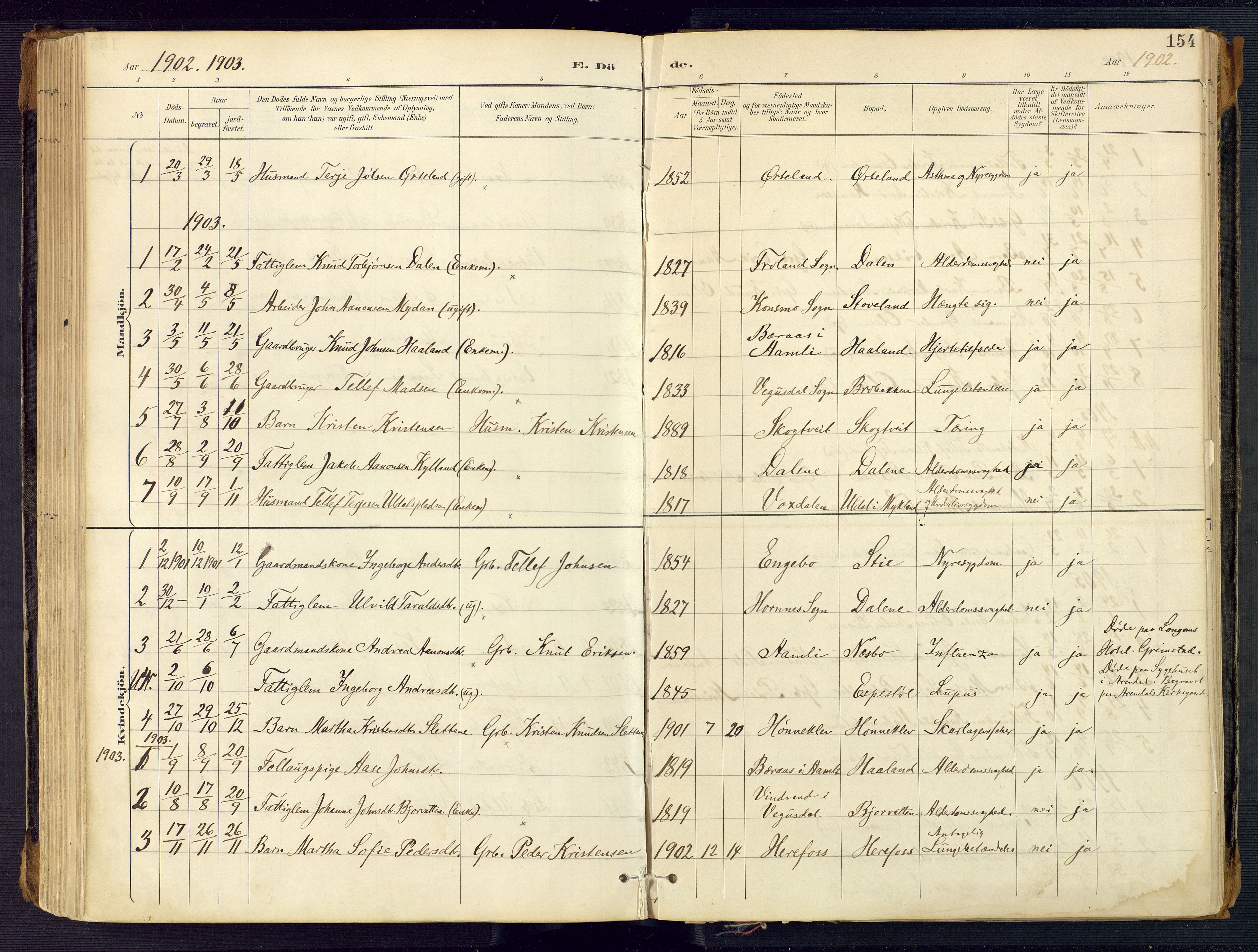 Herefoss sokneprestkontor, AV/SAK-1111-0019/F/Fa/Faa/L0003: Parish register (official) no. A 3, 1887-1930, p. 154