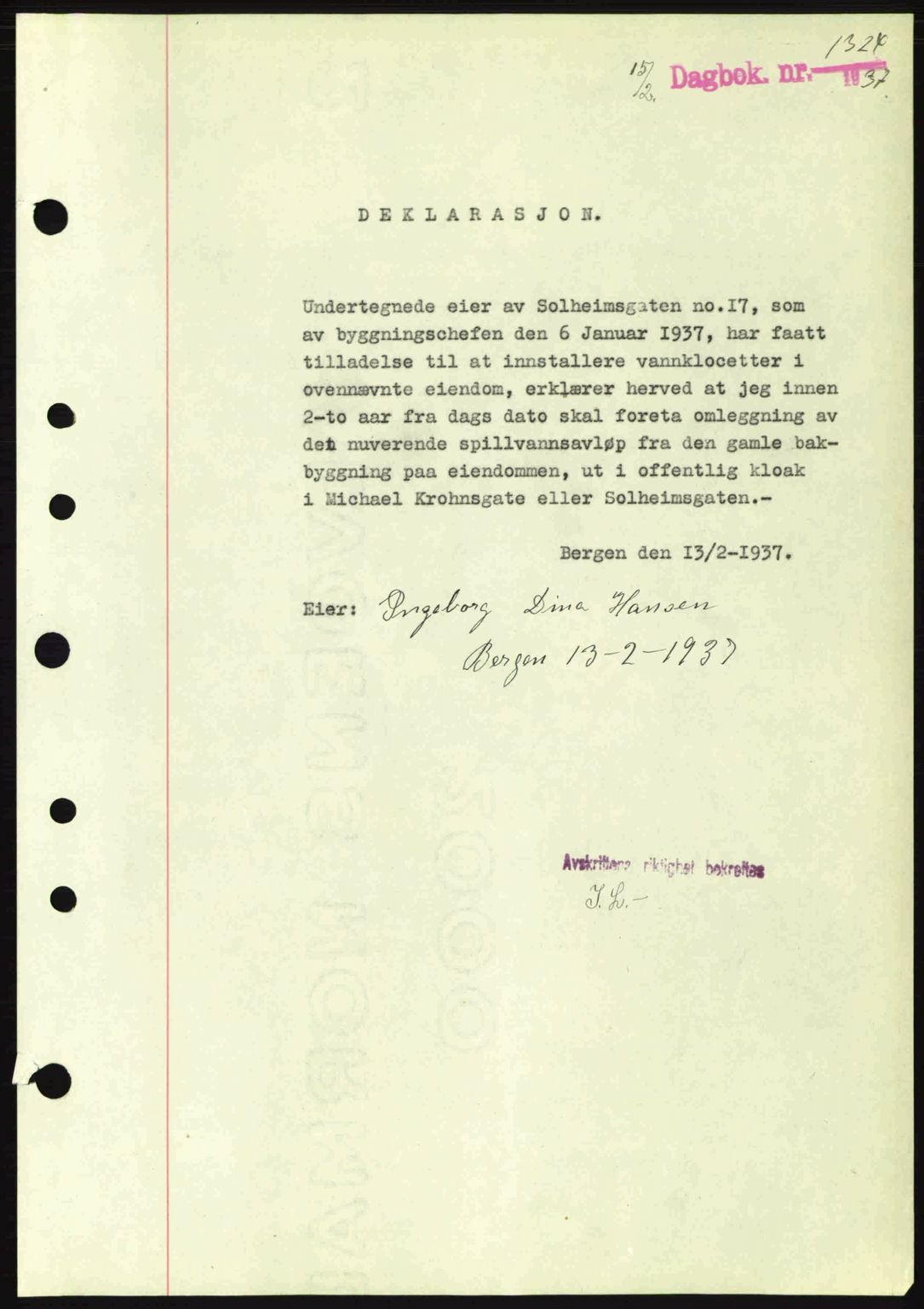 Byfogd og Byskriver i Bergen, SAB/A-3401/03/03Bc/L0004: Mortgage book no. A3-4, 1936-1937, Diary no: : 1324/1937