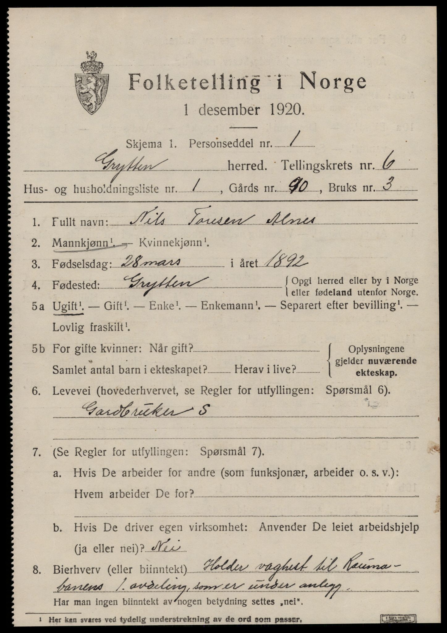 SAT, 1920 census for Grytten, 1920, p. 4150