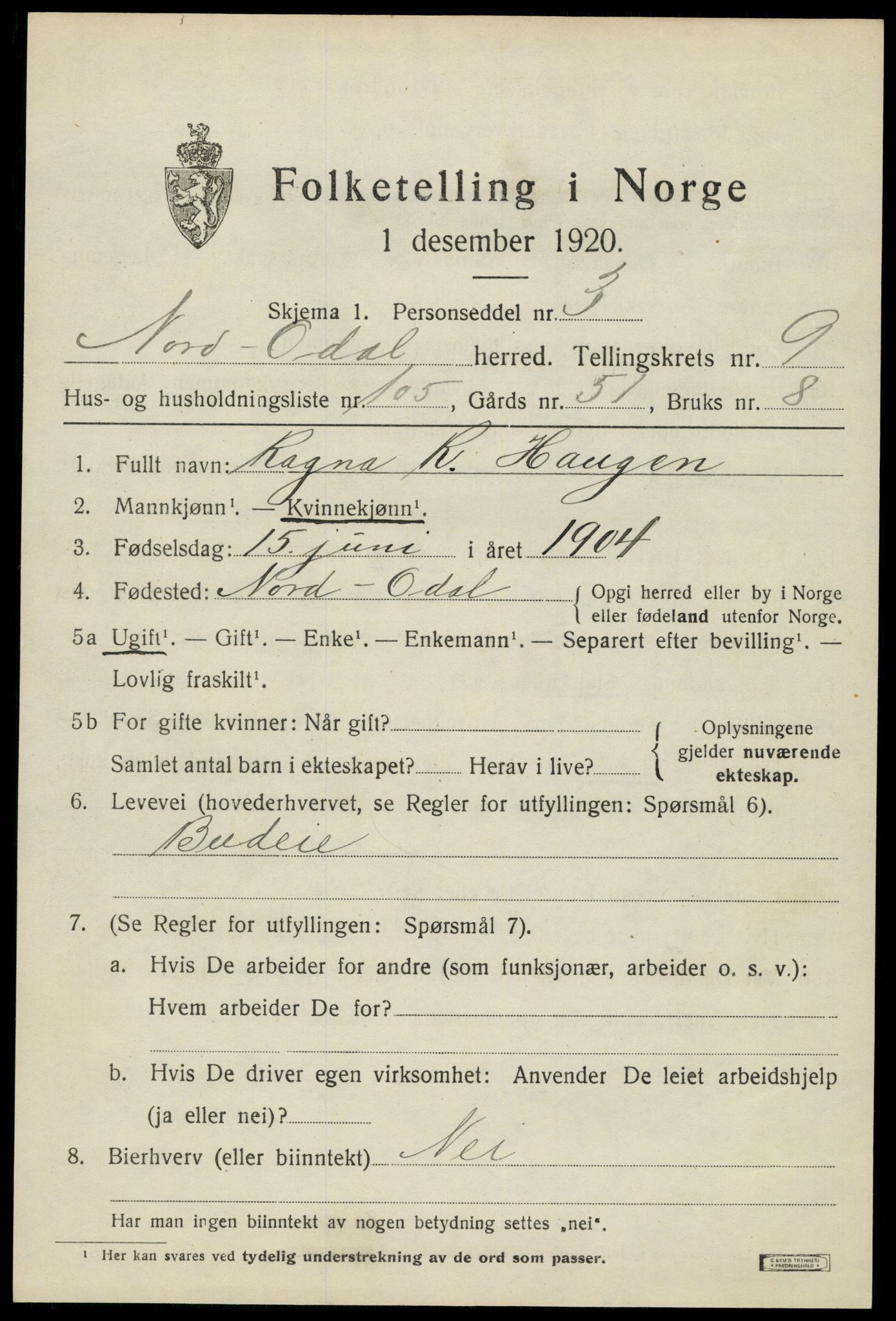 SAH, 1920 census for Nord-Odal, 1920, p. 10869