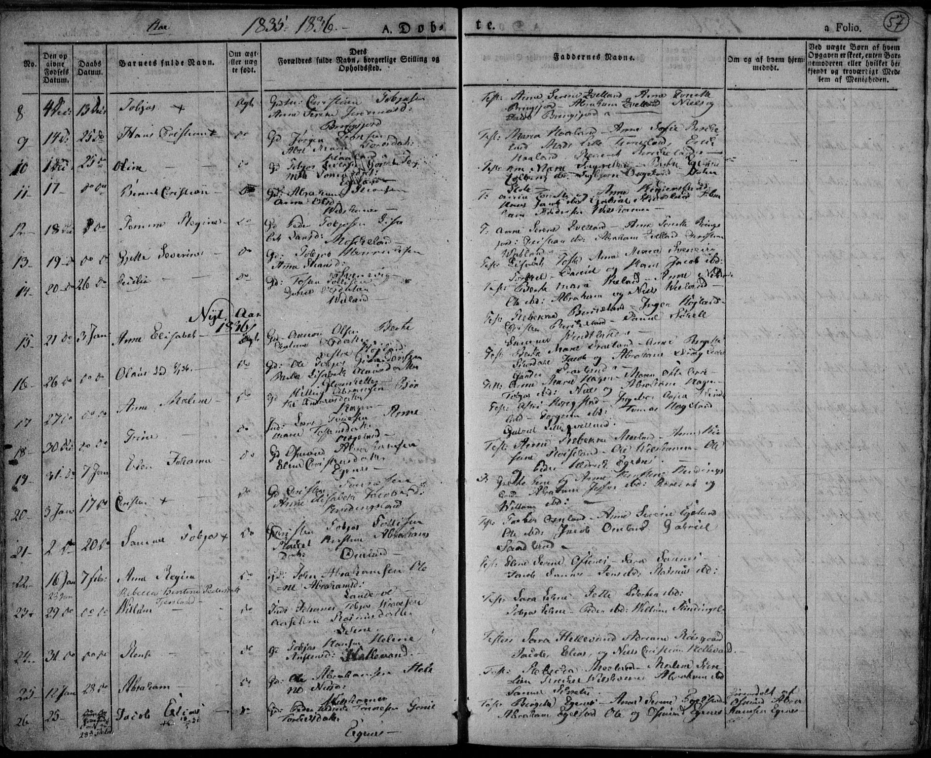 Lyngdal sokneprestkontor, AV/SAK-1111-0029/F/Fa/Fac/L0007: Parish register (official) no. A 7, 1825-1838, p. 57